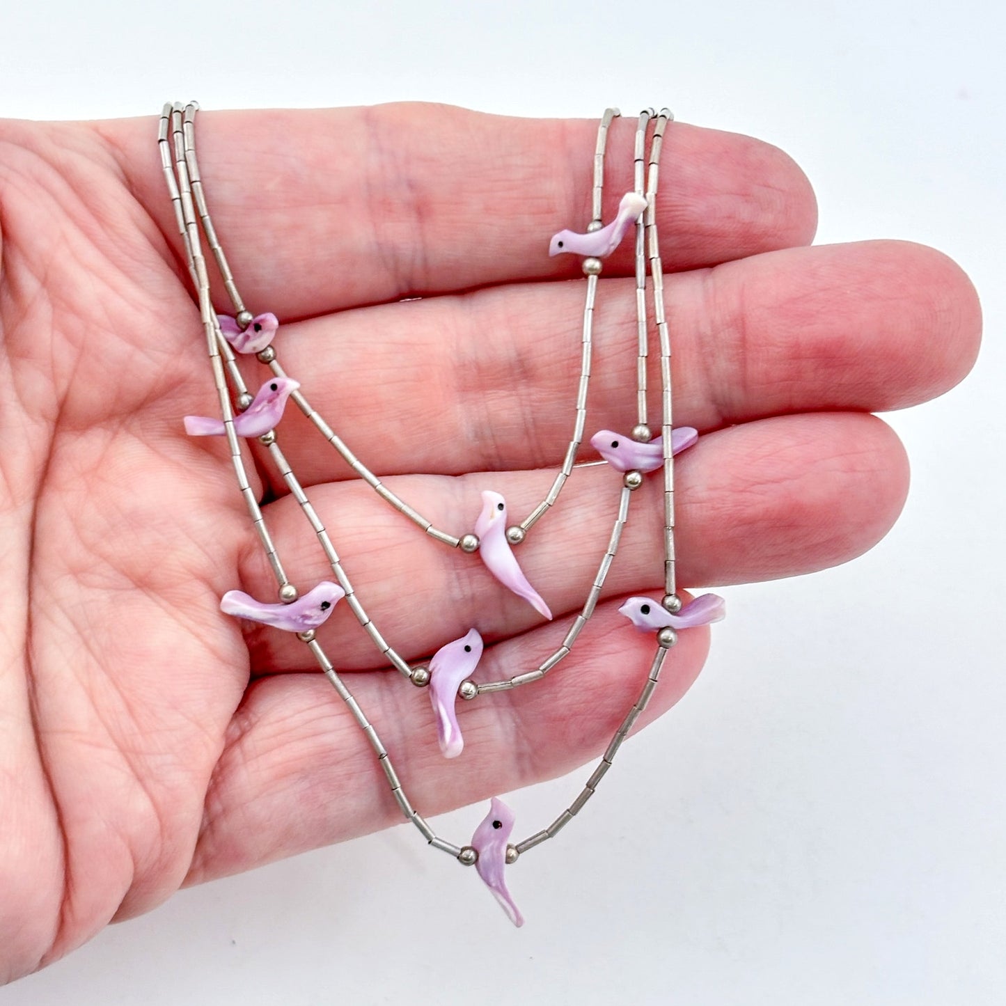 Vintage Sterling Silver 925 Liquid Silver Lavender Bird Necklace 18"