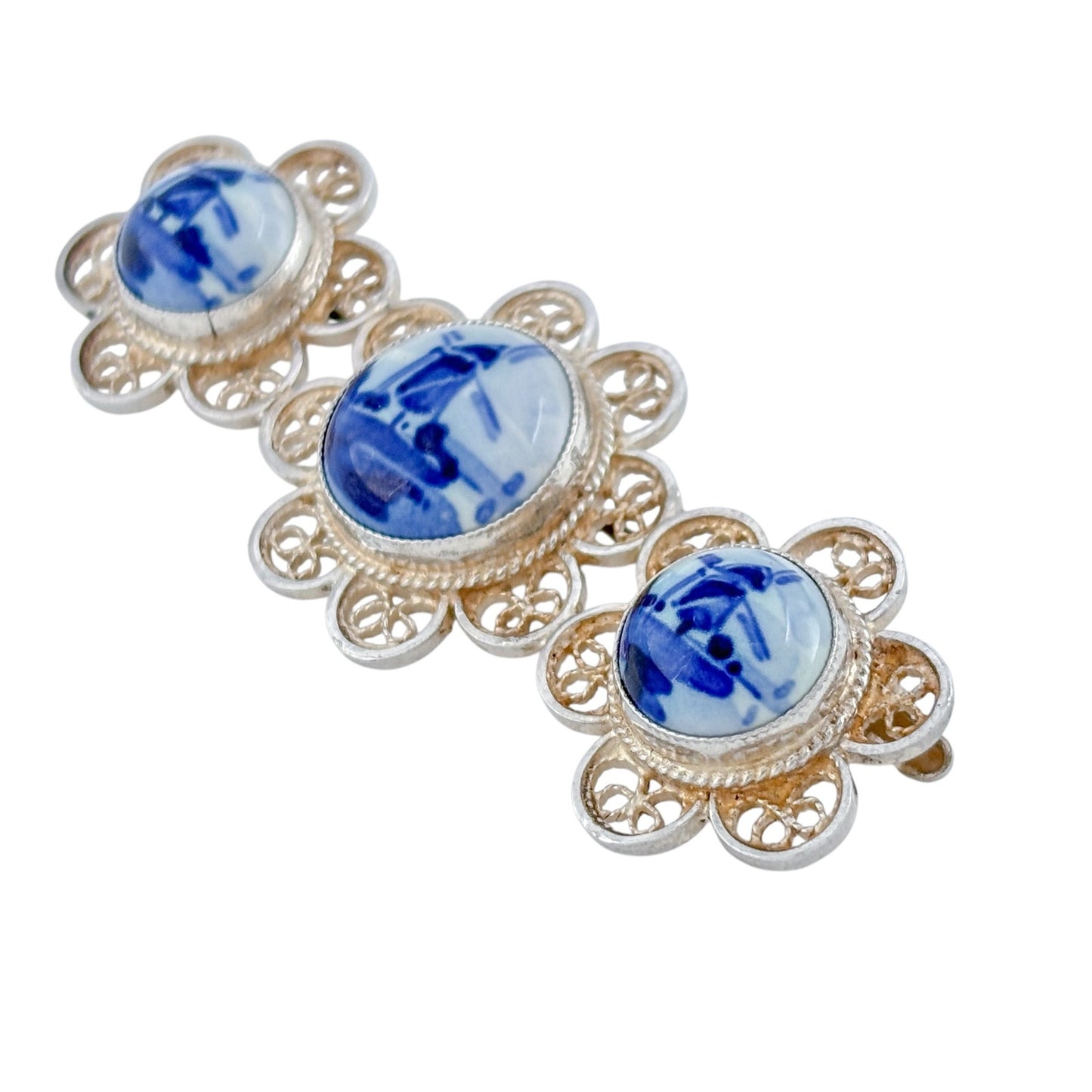 Vintage Sterling Silver 925 Delft 3 Panel Brooch
