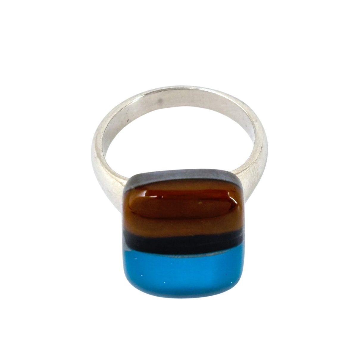 Vintage Sterling Silver 925 Blue Brown Fused Glass Ring Size 7
