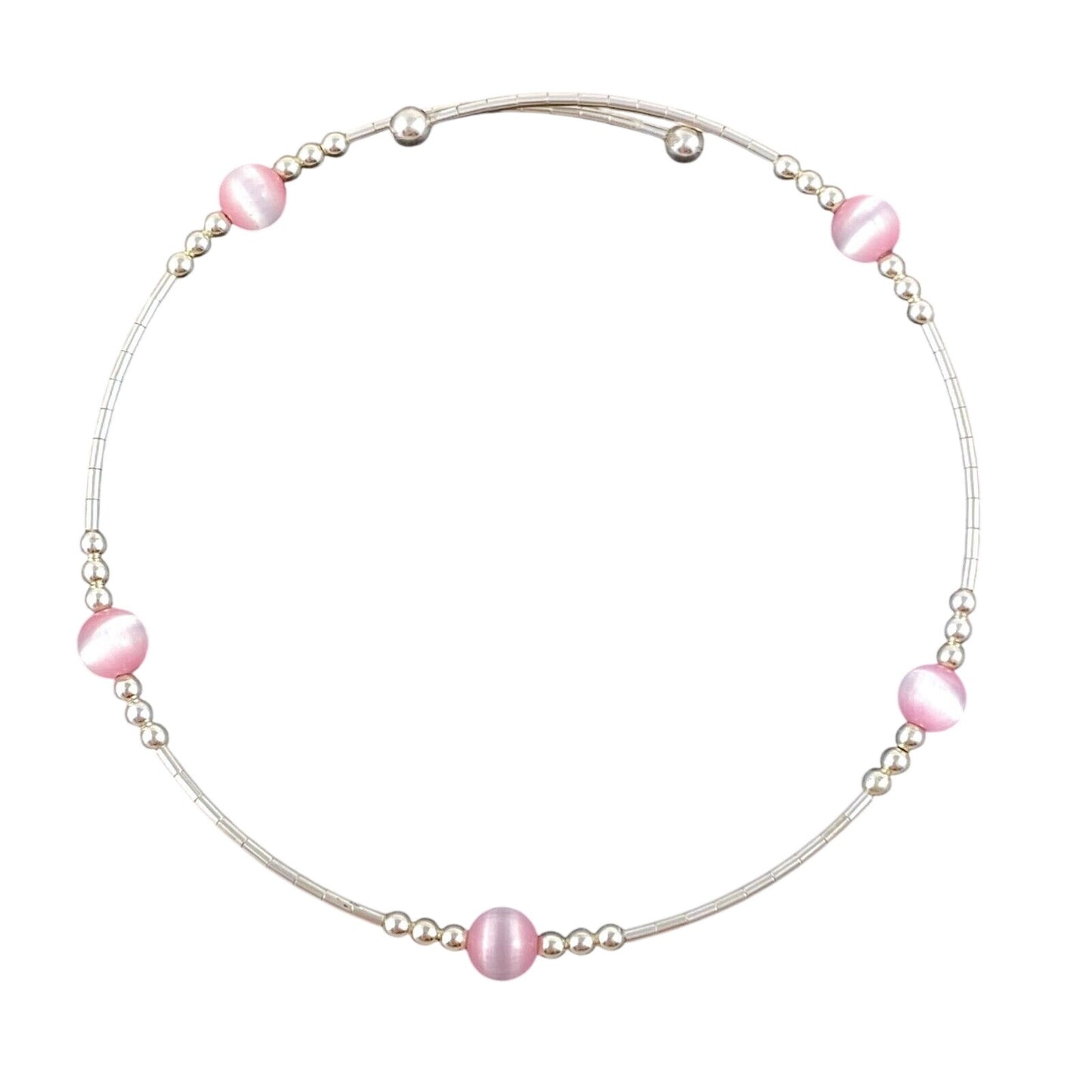 Vintage Sterling Silver 925 Pink Cat’s Eye Memory Wire Bracelet 7.5"