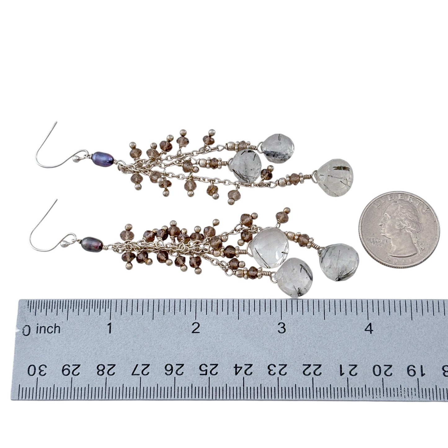 Vintage Sterling Silver 925 Rutilated Smoky Quartz Pearl Dangle Earrings