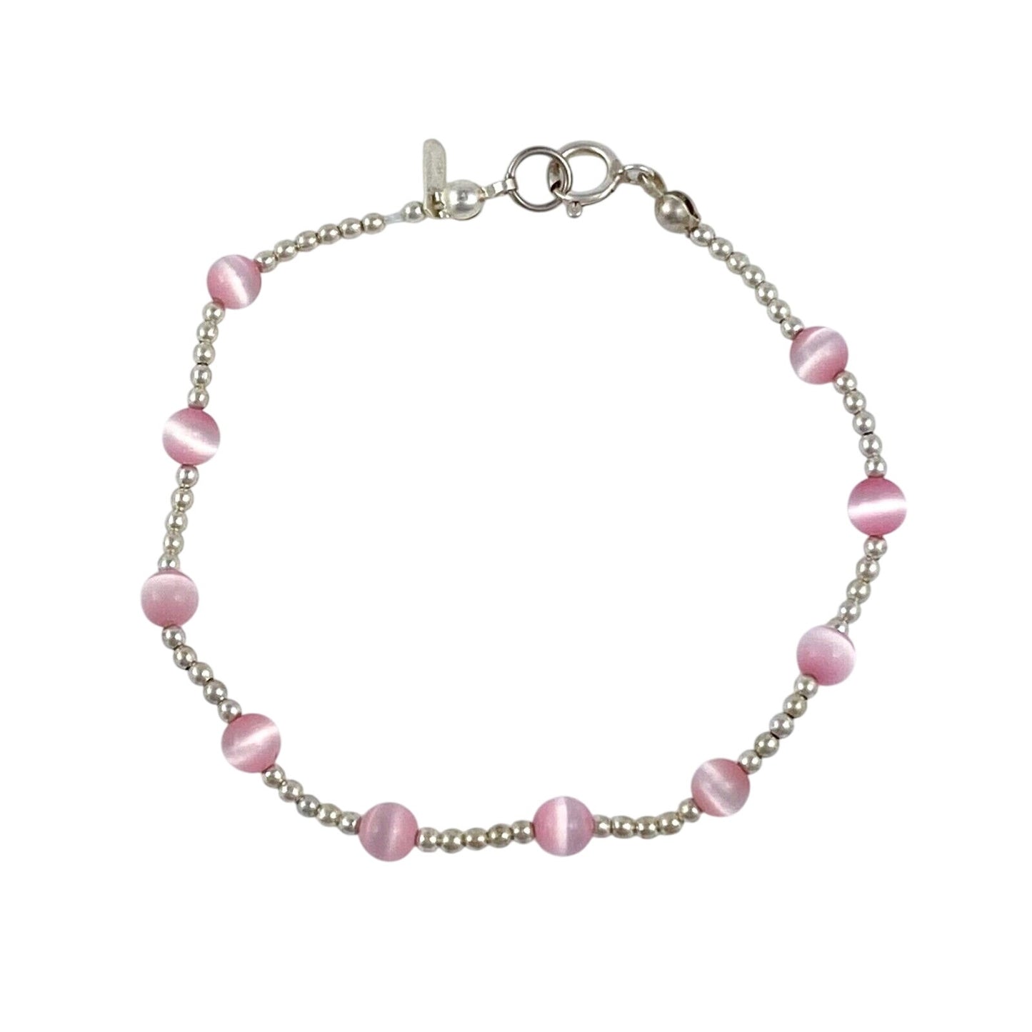 Vintage Sterling Silver 925 Pink Cat’s Eye Glass Bracelet 7.5"