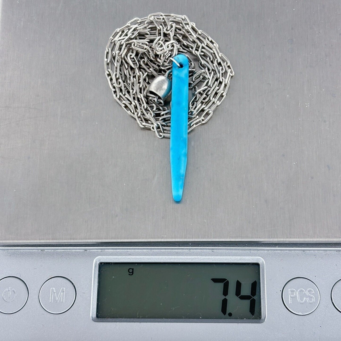 Vintage Silver Tone Blue Synthetic Turquoise Spike Pendant Slider Necklace