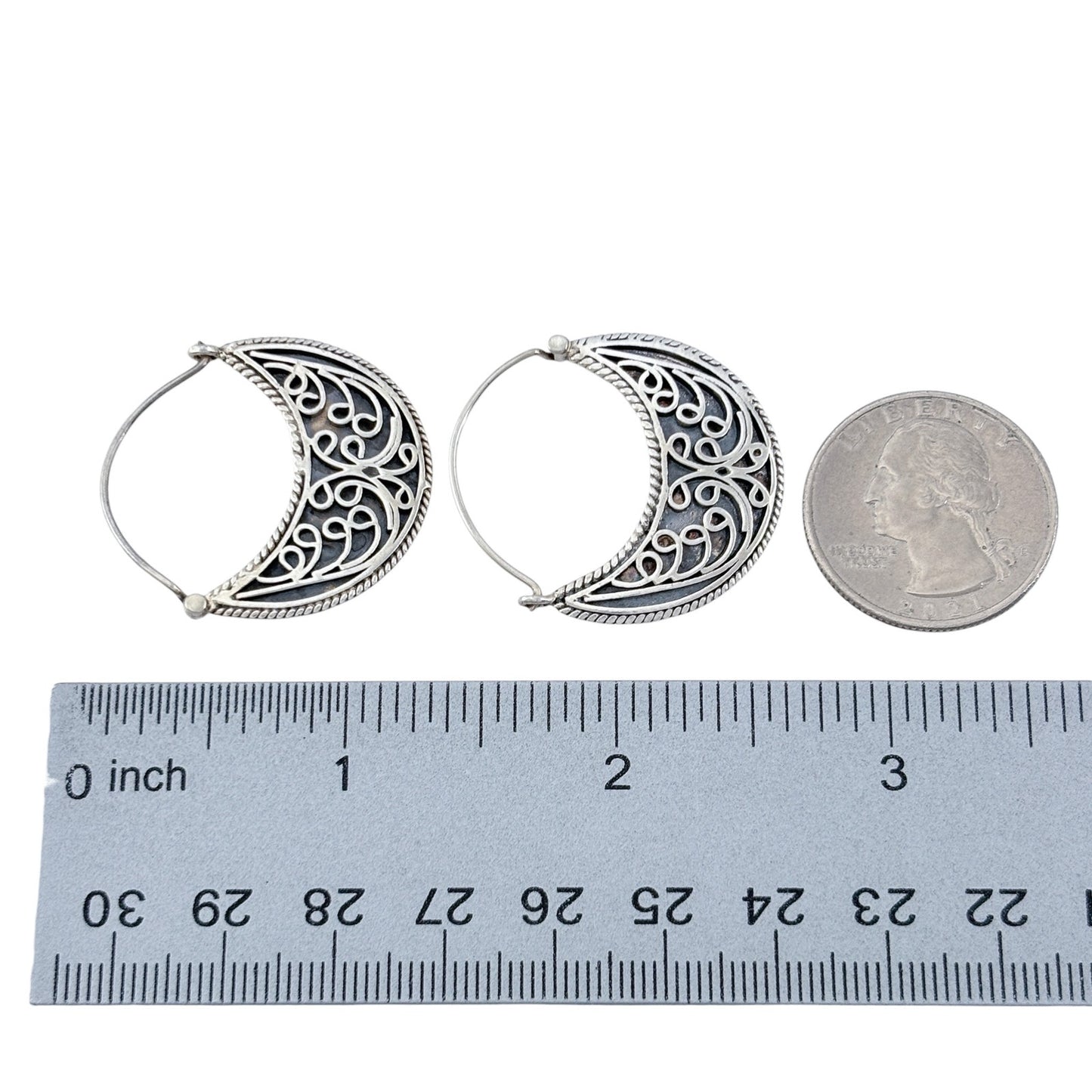 Vintage Sterling Silver 925 Filigree Crescent Hoop Earrings