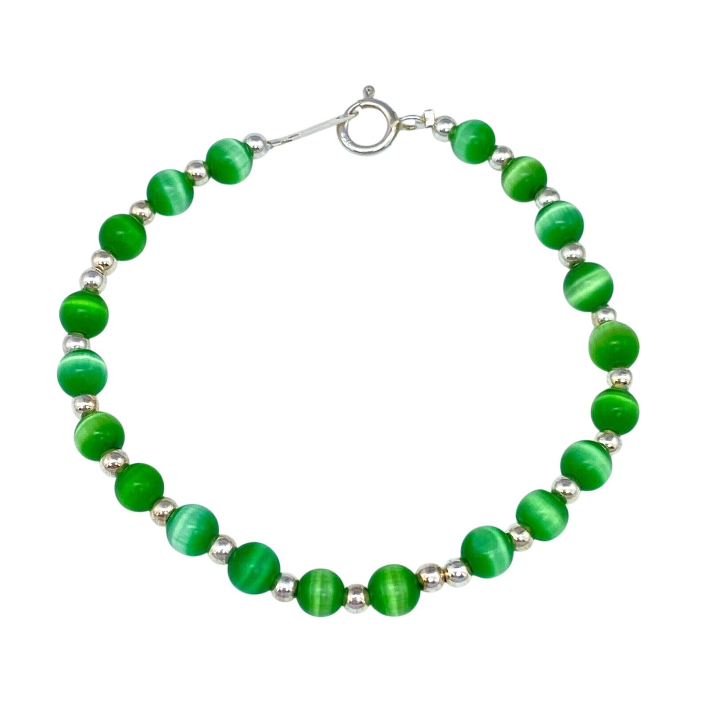 Vintage Sterling Silver 925 Green Cat’s Eye Bracelet 7"