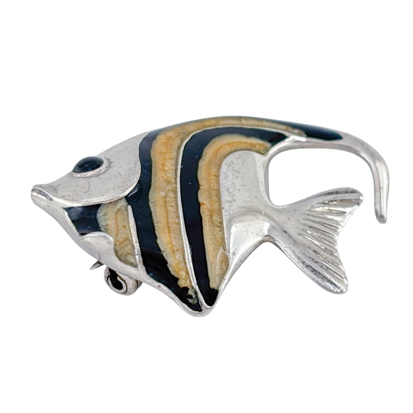 Vintage Sterling Silver 925 Enamel Fish Onyx Eye Brooch