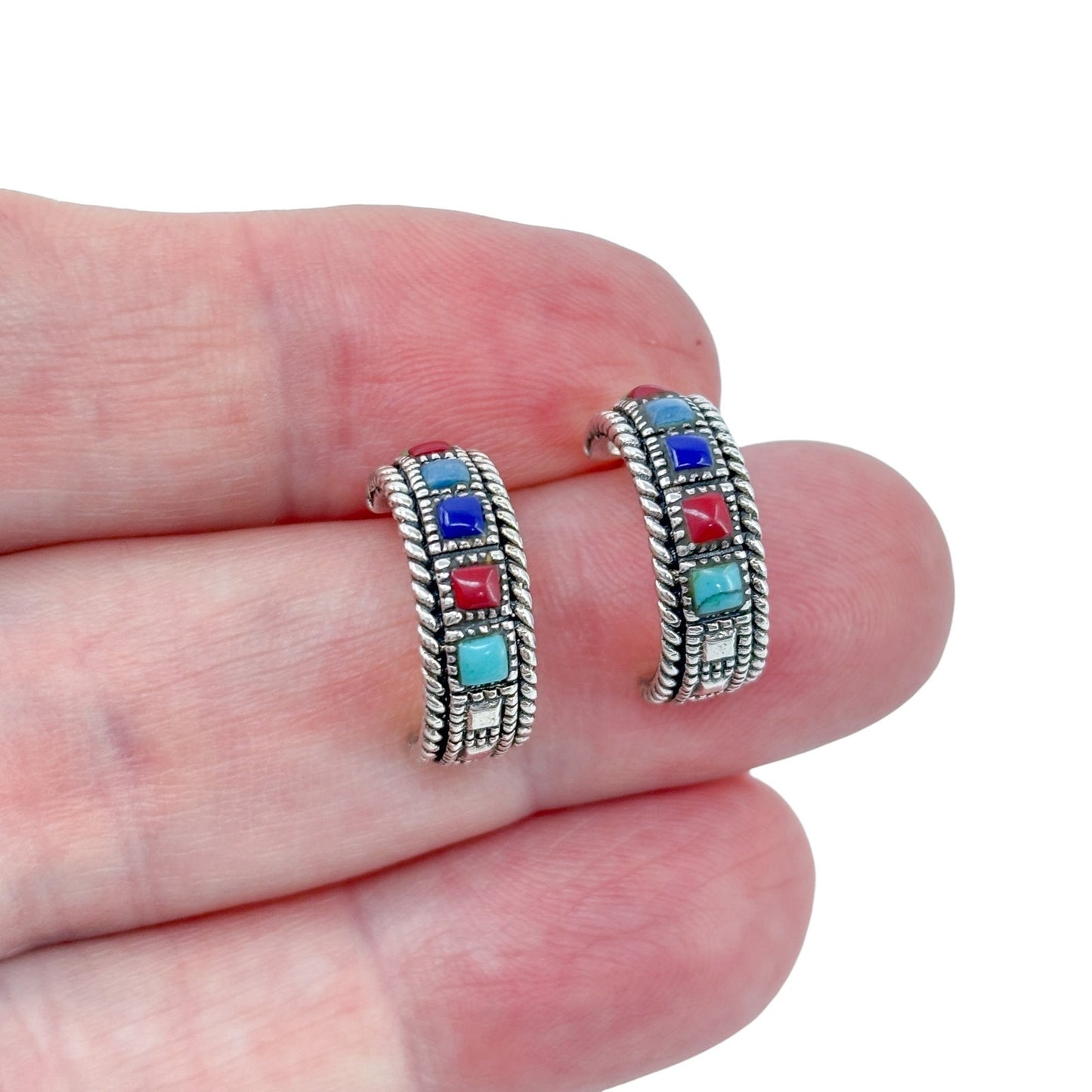 Estate Sterling Silver 925 Multi Gemstone Hoop Earrings