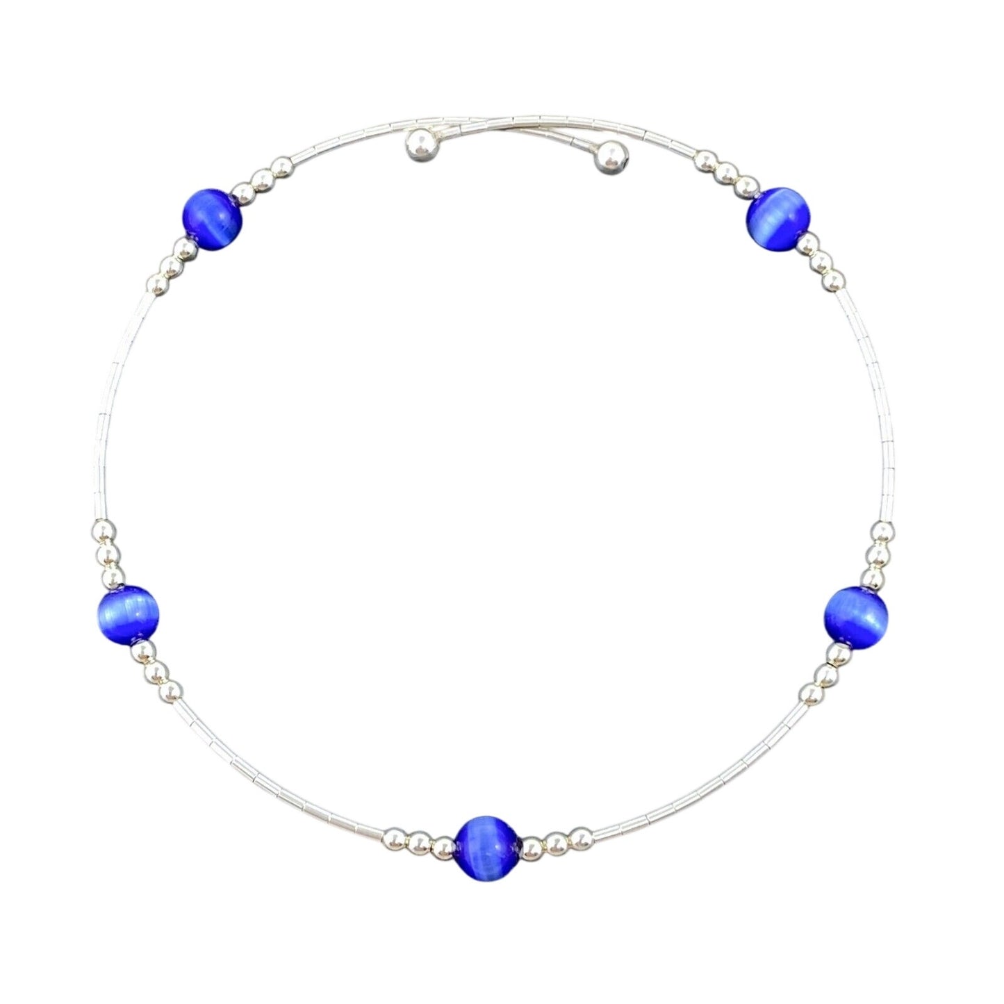 Vintage Sterling Silver 925 Blue Cat’s Eye Memory Wire Bracelet 7.5"