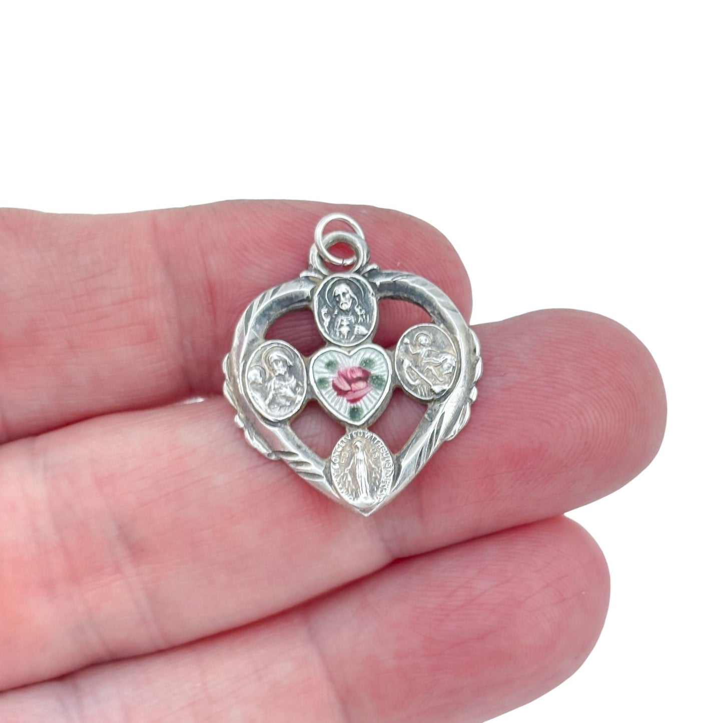 Vintage Sterling Silver 925 Sacred Heart Rose Pendant