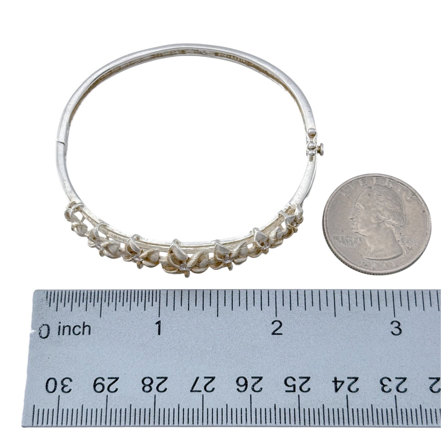 Vintage Sterling Silver 925 Cubic Zirconia Plumeria Bangle 6.75"