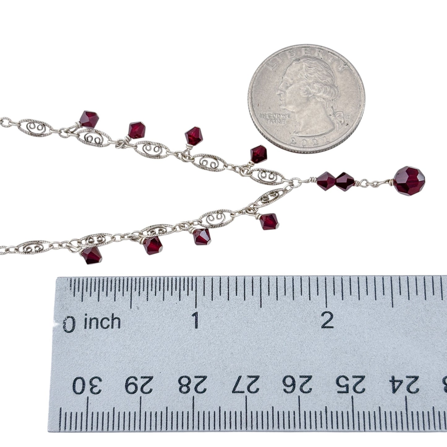 Vintage Sterling Silver 925 Red Crystal Drop Necklace 16.5"