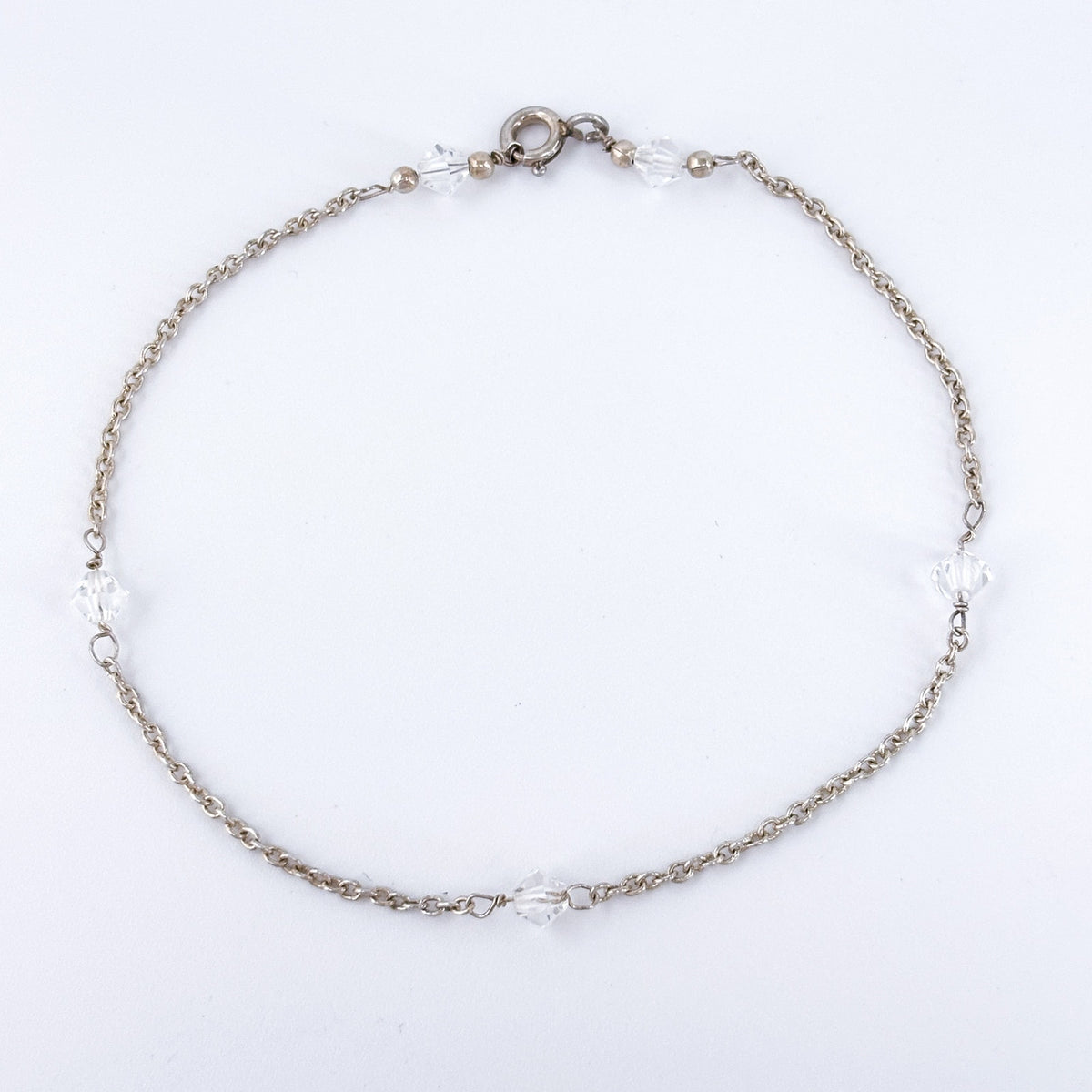 Vintage Sterling Silver 925 Dainty Crystal Station Chain Bracelet 7.5"