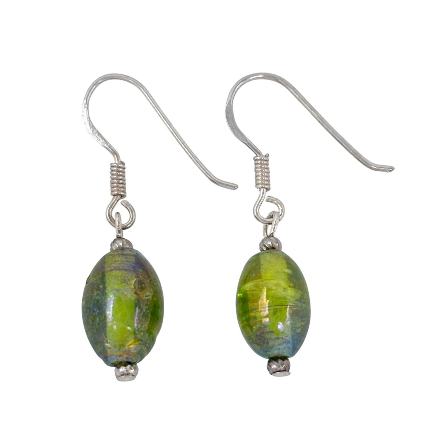 Vintage Sterling Silver 925 Green Glass Bead Drop Earrings