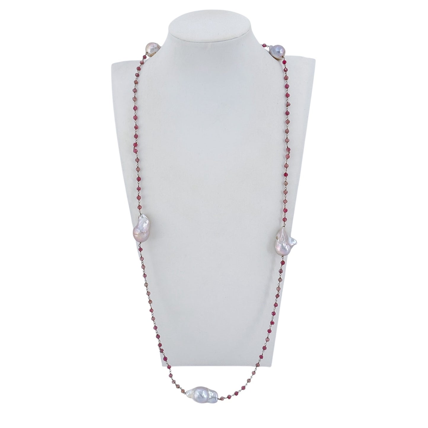 Vintage Sterling Silver 925 Tourmaline Baroque Imitation Pearl Necklace 37"