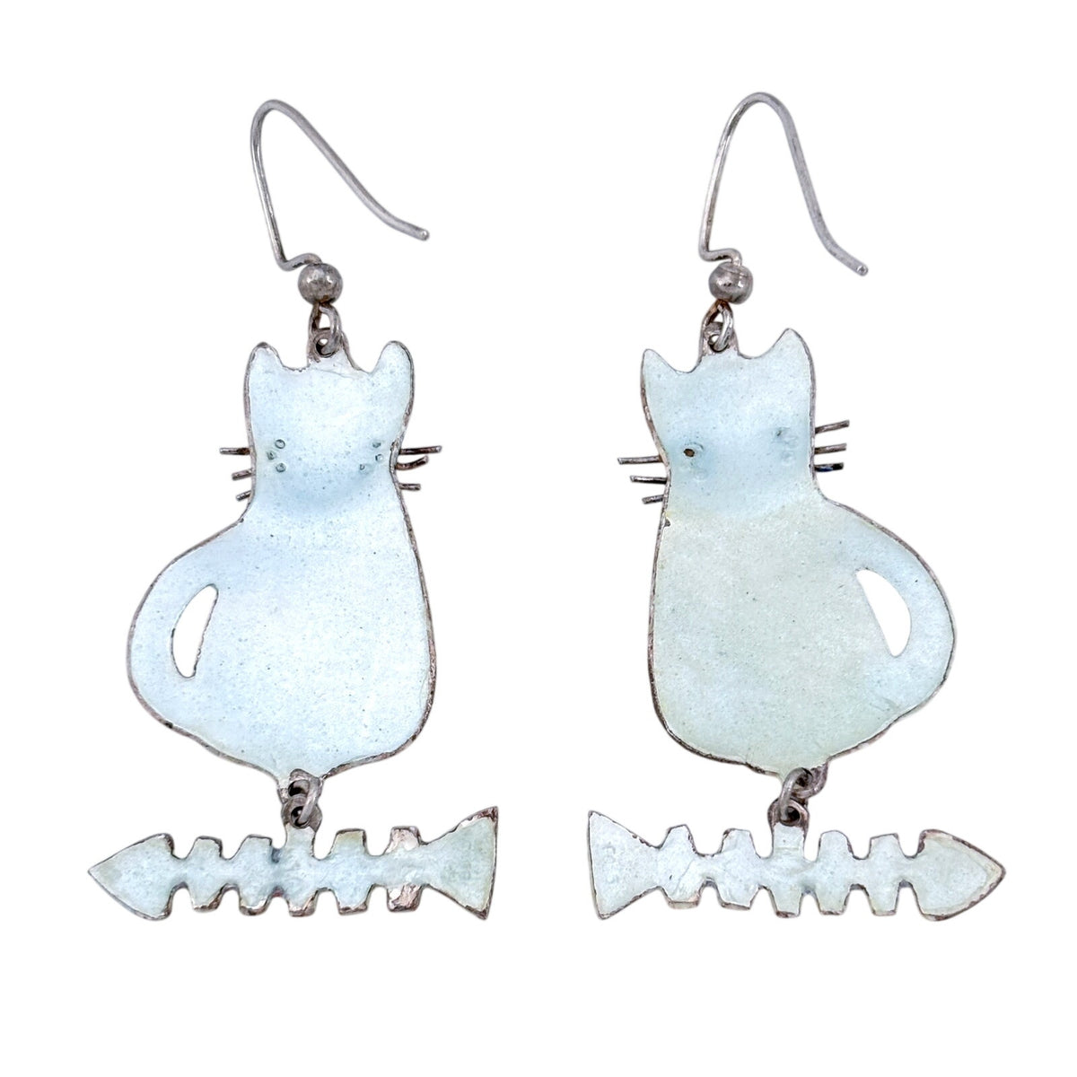 Vintage Sterling Silver 925 Blue Enamel Cat & Fish Dangle Earrings