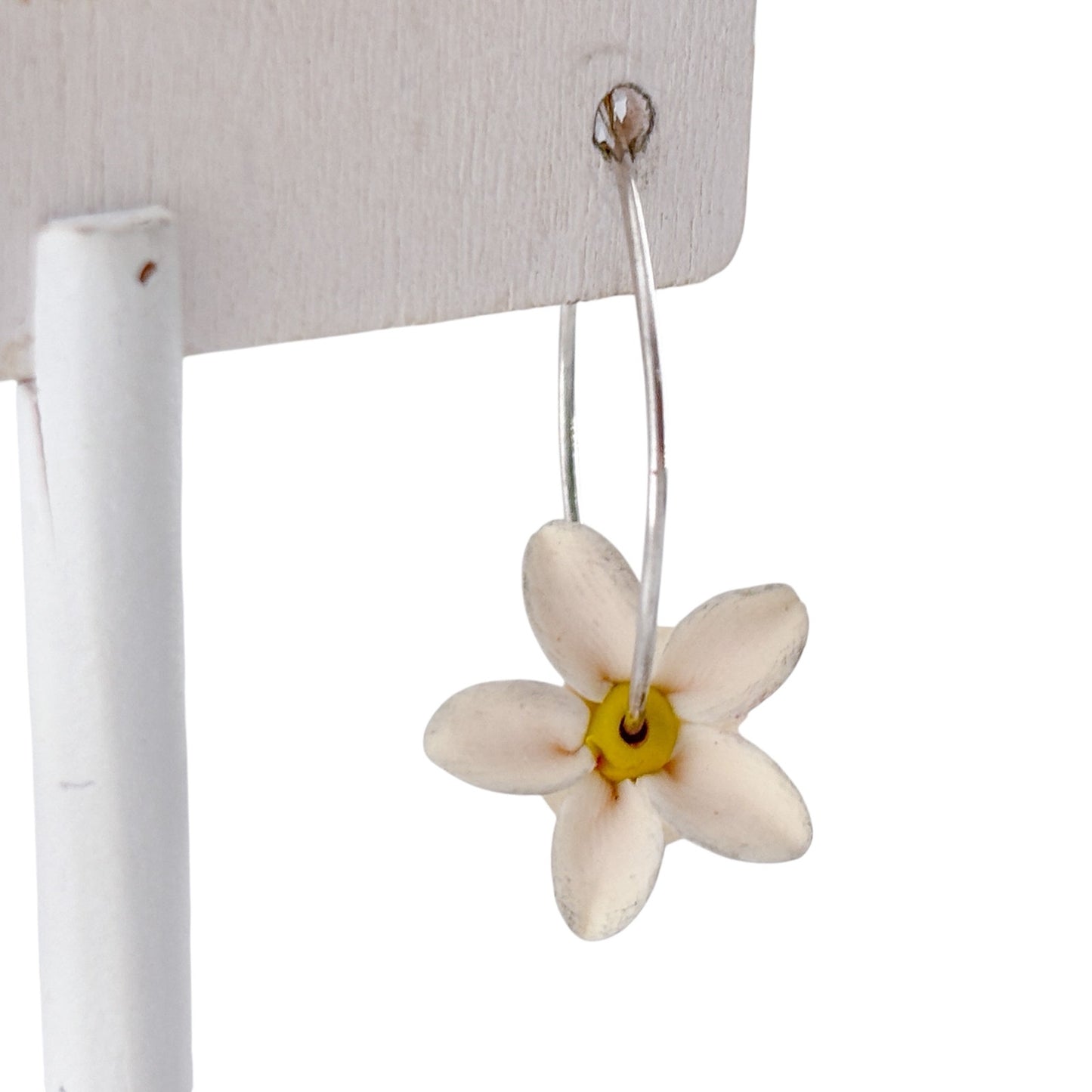 Vintage Sterling Silver 925 White Flower Hoop Earrings