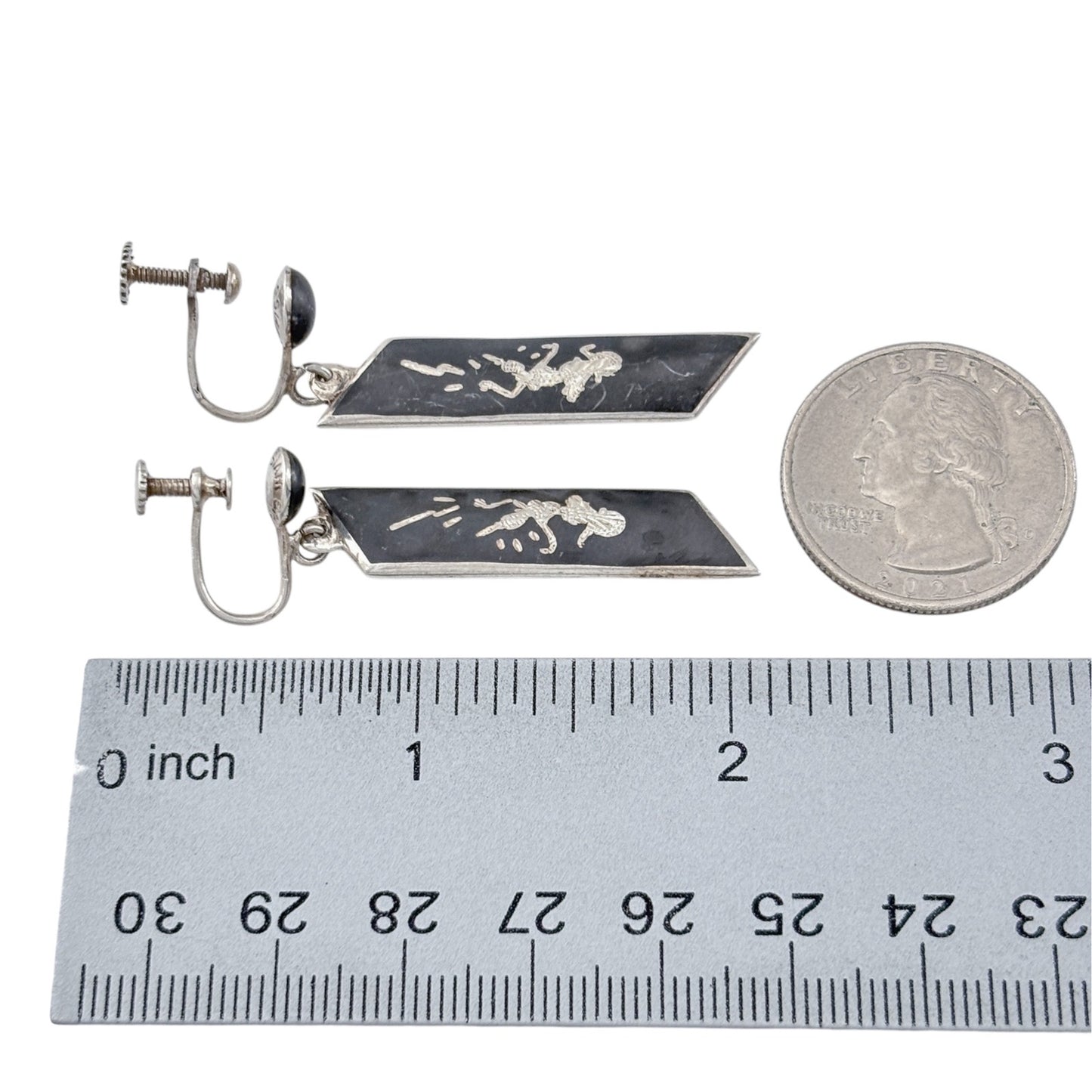 Vintage Sterling Silver 925 Black Siam Niello Long Drop Earrings