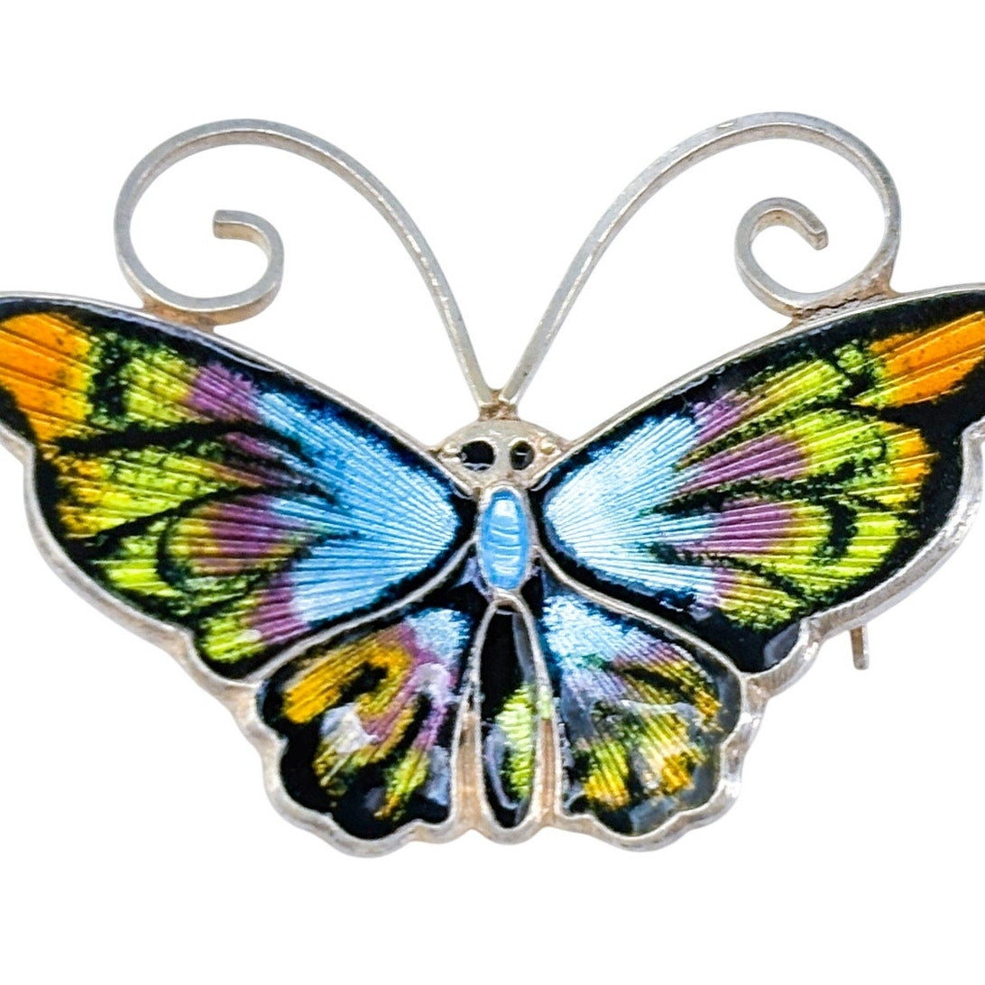David Andersen Norway Guilloche Blue Enamel Butterfly Brooch Sterling Silver Pin