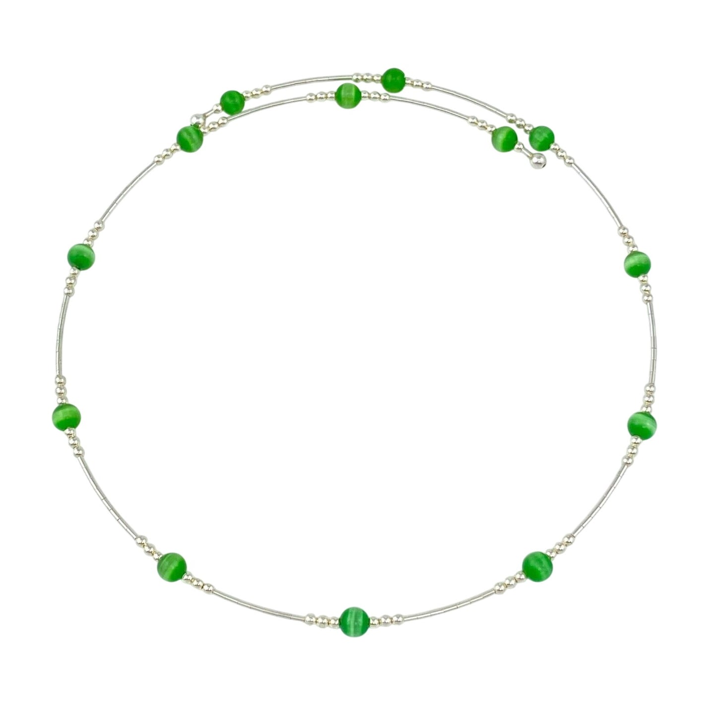 Vintage Sterling Silver 925 Green Cat’s Eye Memory Wire Necklace 16"