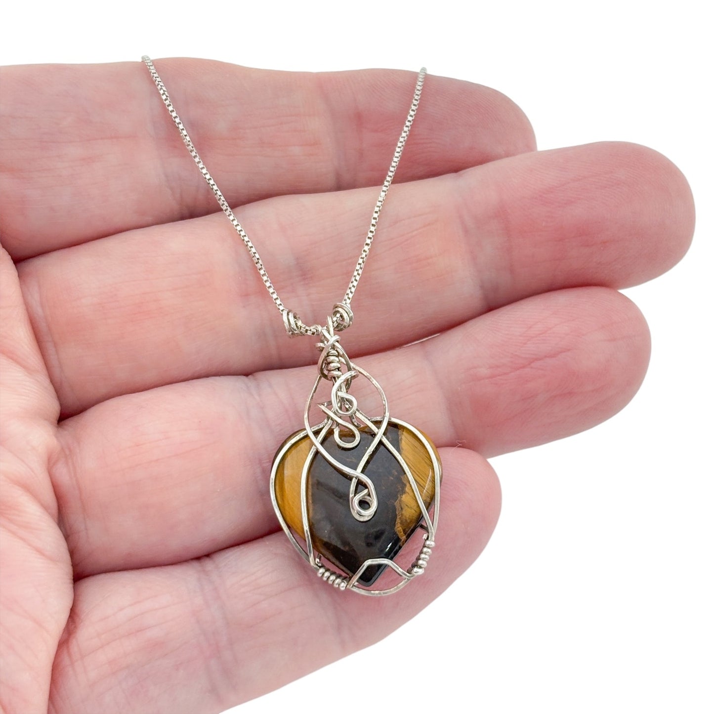 Vintage Sterling Silver 925 Tigers Eye Heart Pendant Necklace 18-20"