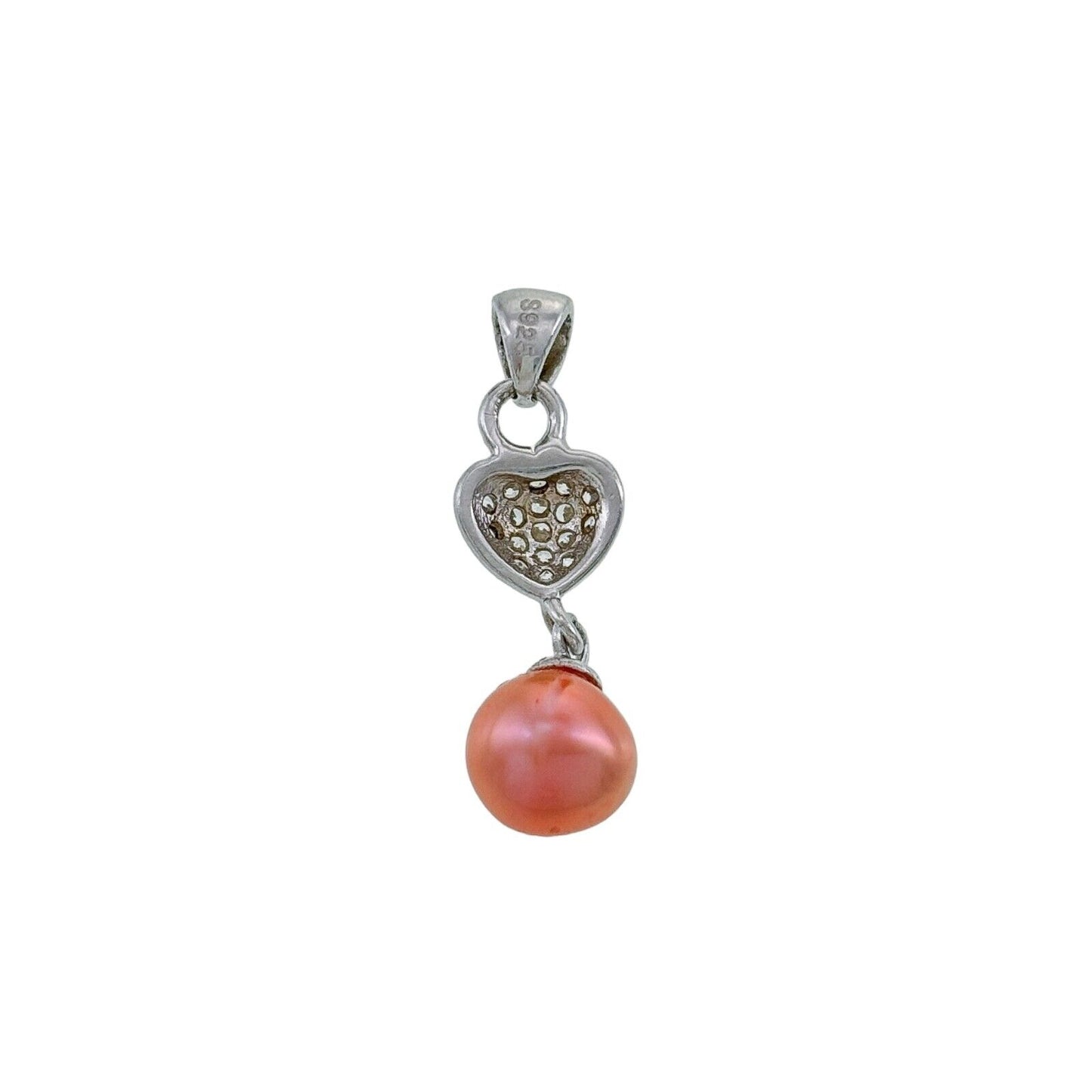 Vintage Sterling Silver 925 Cubic Zirconia Heart Pink Pearl Dangle Pendant