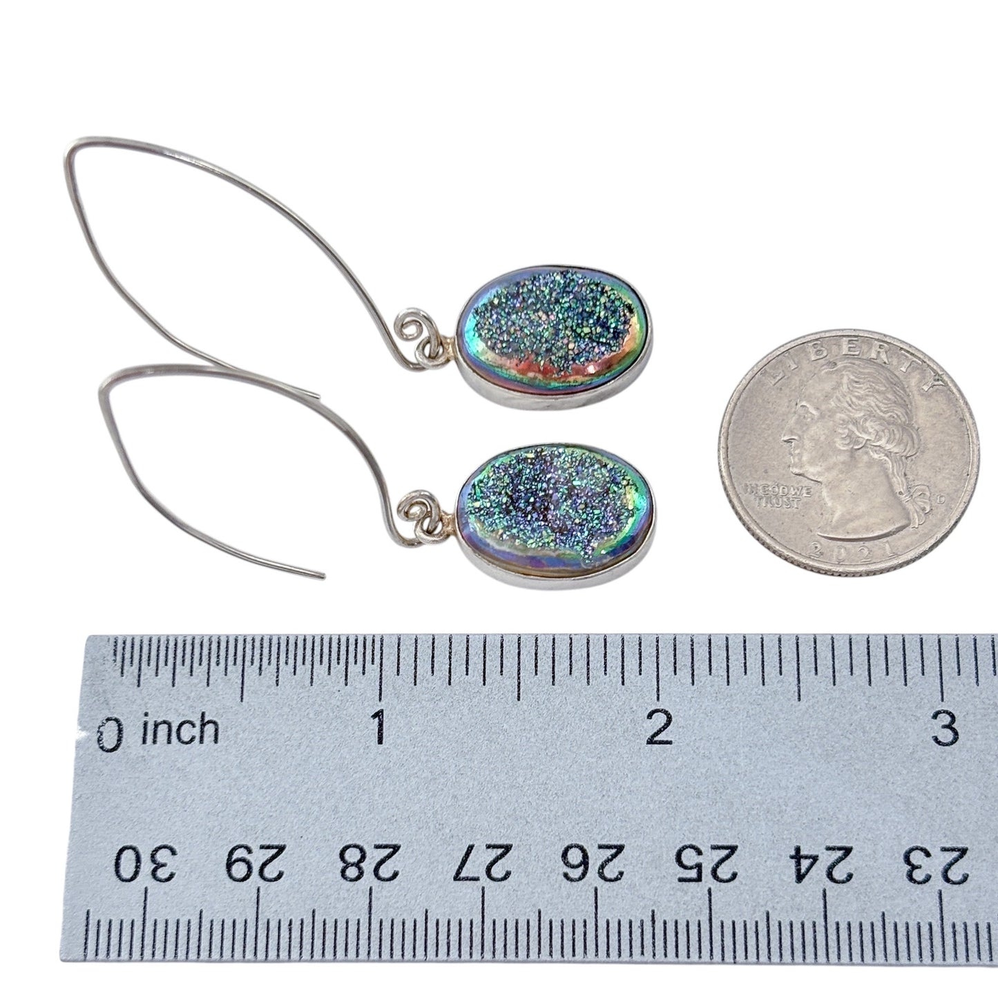 Vintage Sterling Silver 925 Blue Green Druzy Oval Earrings