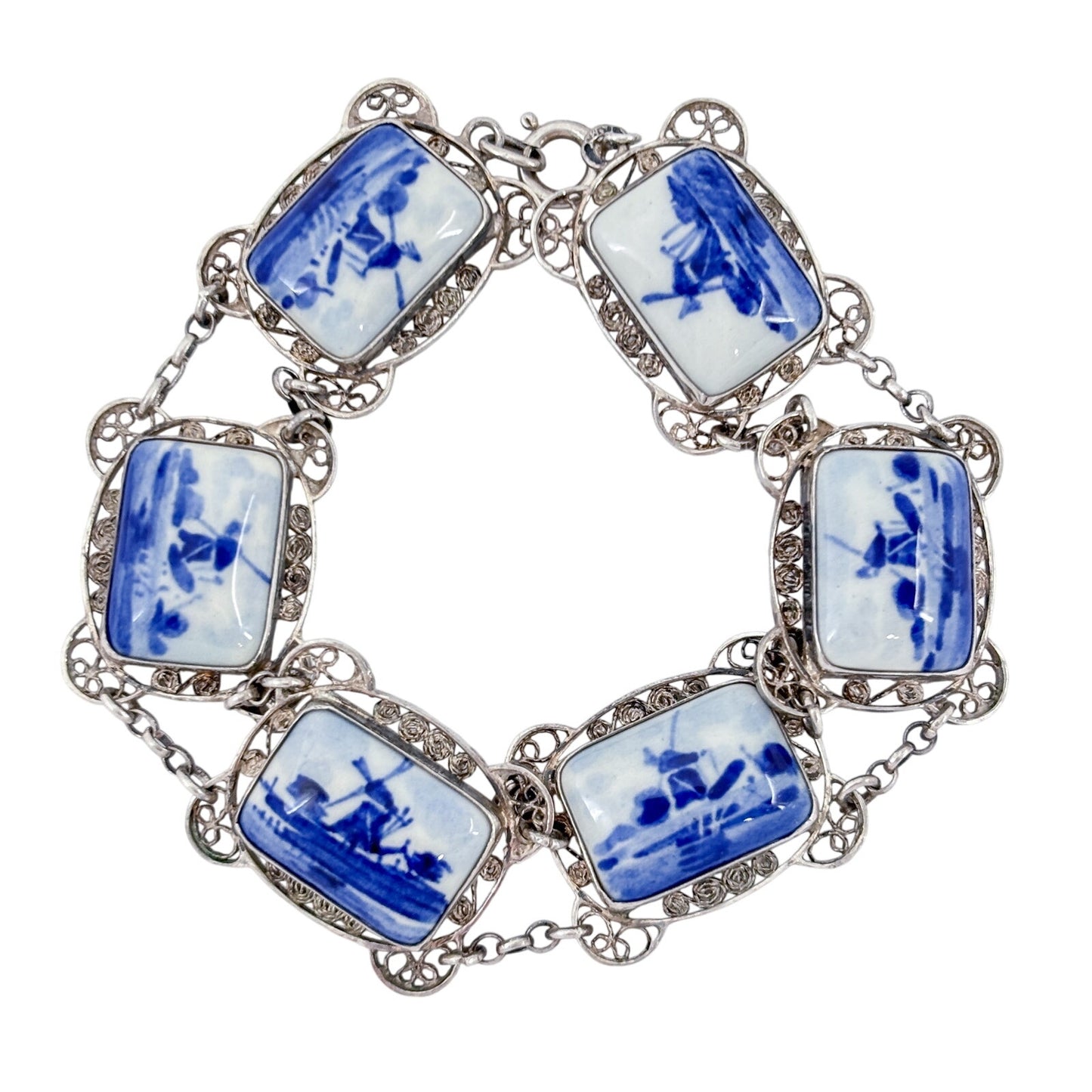 Vintage Delft Holland Sterling Silver 925 Porcelain Bracelet 7.5"