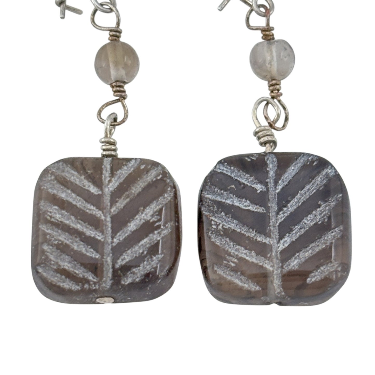Vintage Sterling Silver 925 Smoky Quartz Etched Leaf Earrings