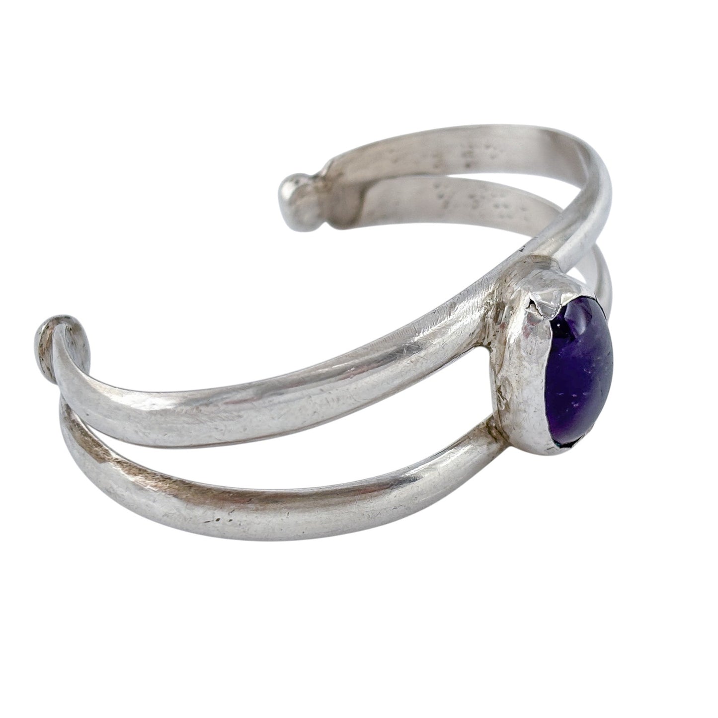 Vintage Sterling Silver 925 Sandcast Amethyst Cuff Bracelet 6.5"