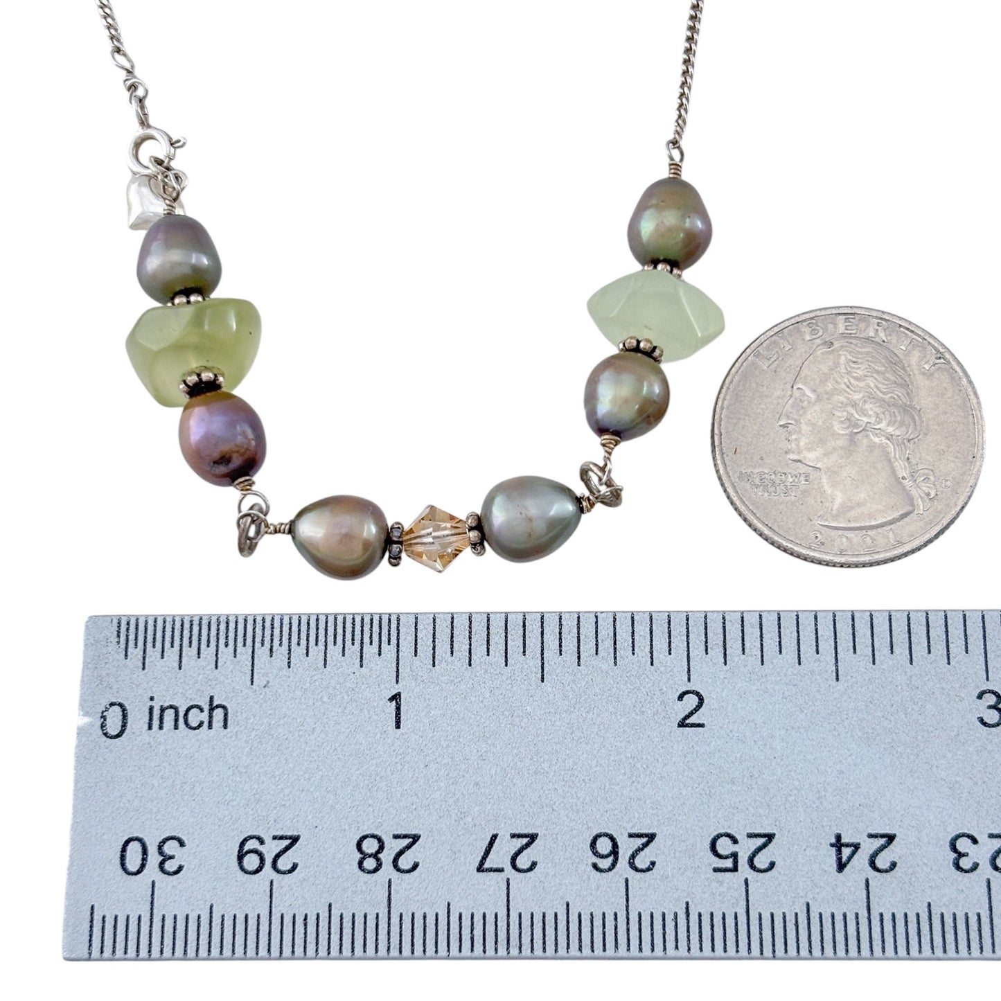 Vintage Sterling Silver Pearl Green Sea Glass Stone Long Necklace 21"