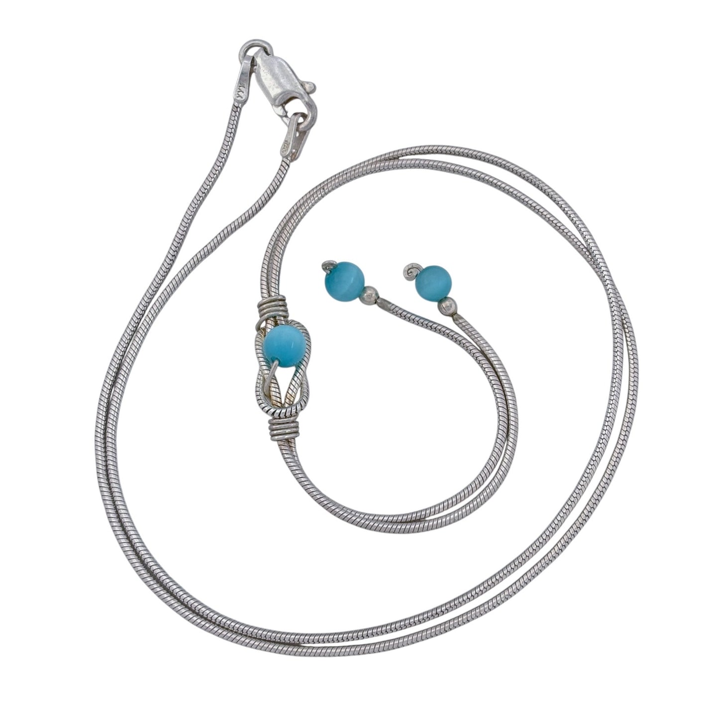 Vintage Sterling Silver 925 Blue Glass Bead Necklace 15"