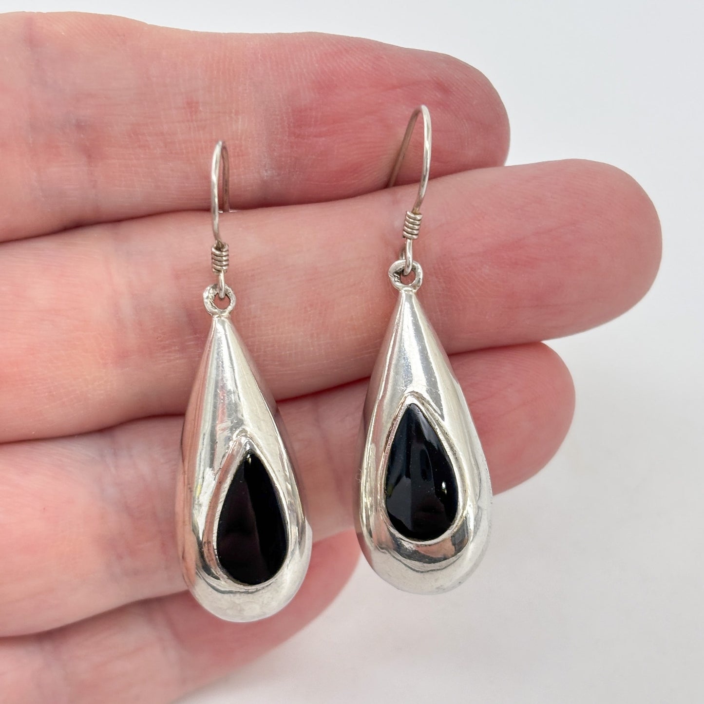 Estate Sterling Silver 925 Black Onyx Teardrop Earrings
