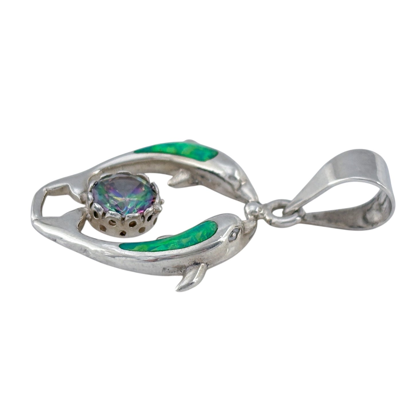 Vintage Sterling Silver 925 Green Opal Mystic Cubic Zirconia Dolphin Pendant