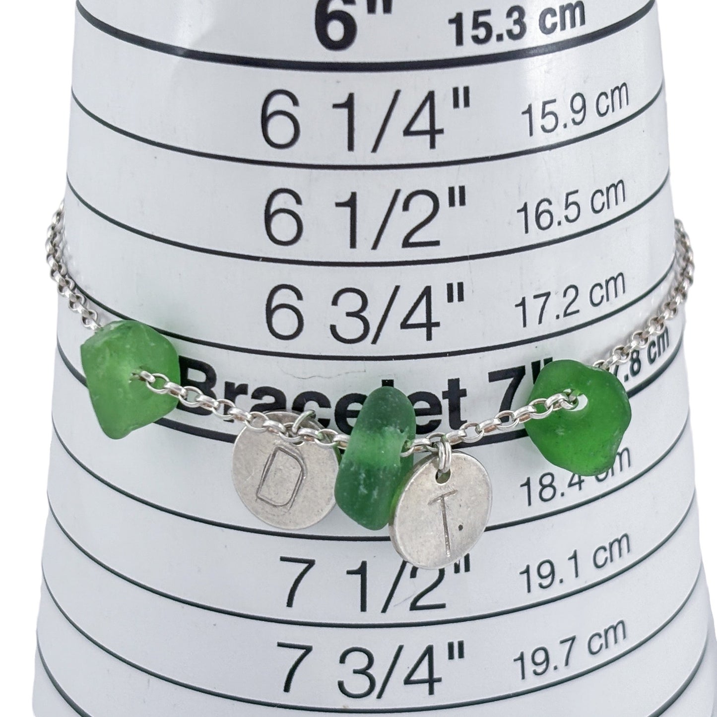 Vintage Sterling Silver 925 Sea Glass Initial DT or TD Bracelet 7"