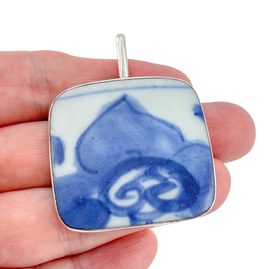 Vintage Sterling Silver 925 Square Porcelain Pendant