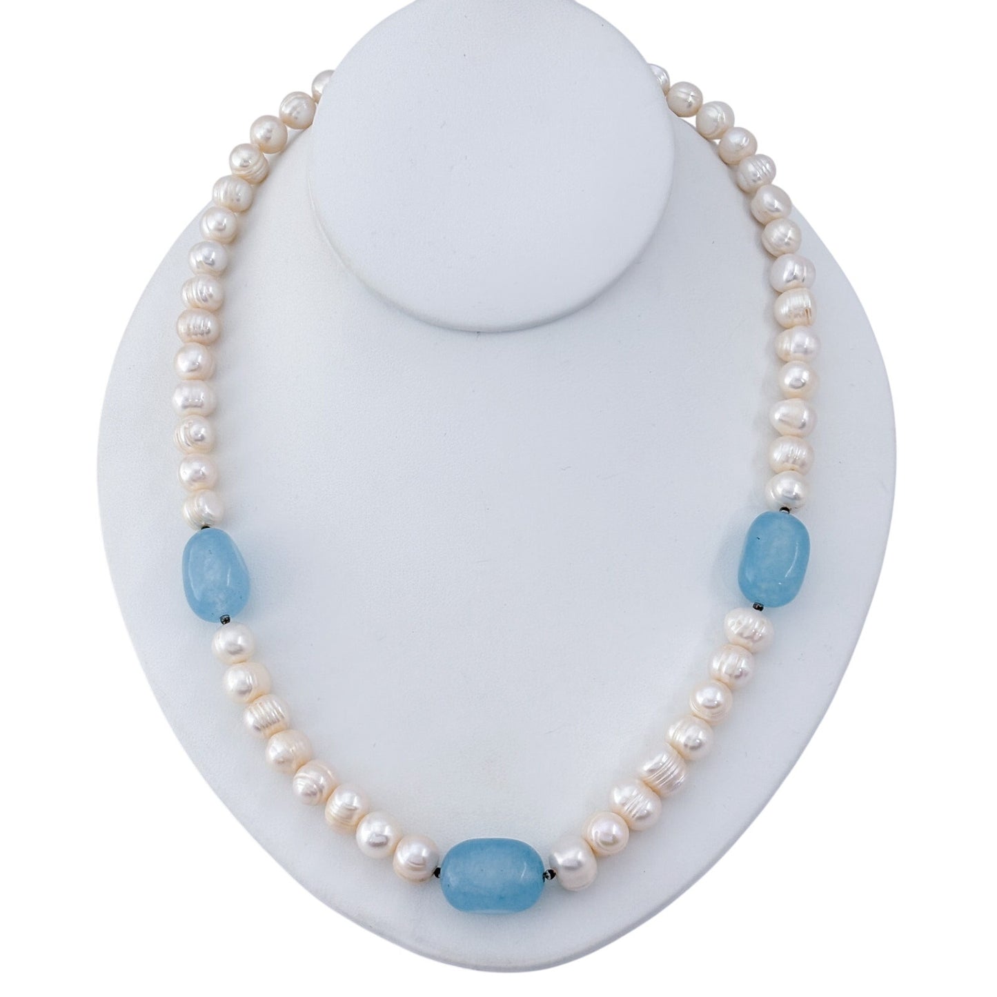 Vintage Sterling Silver 925 Pearl Milky Aquamarine Necklace 18"-20.5"
