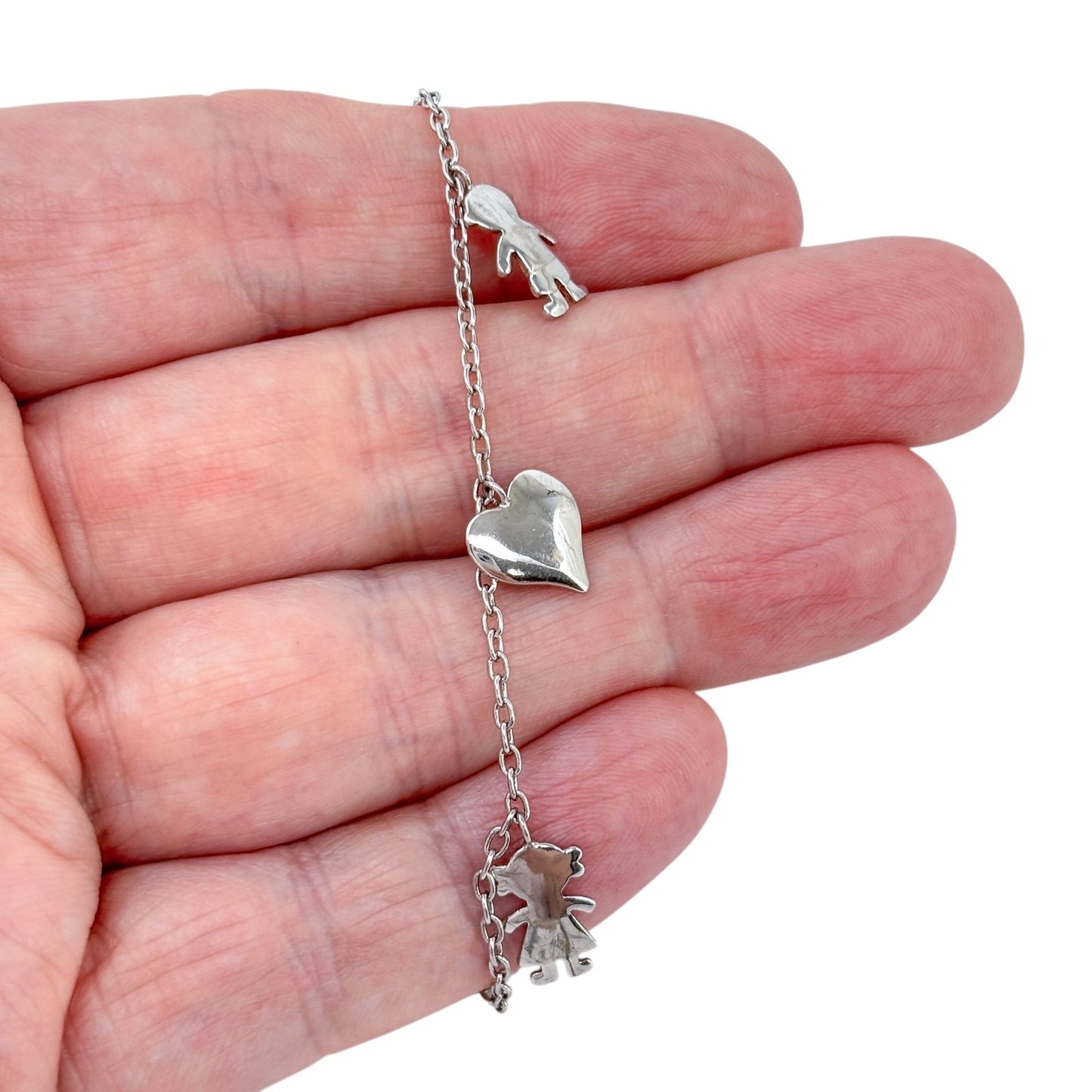 Vintage Sterling Silver 925 Family Heart Charm Bracelet 7.25"