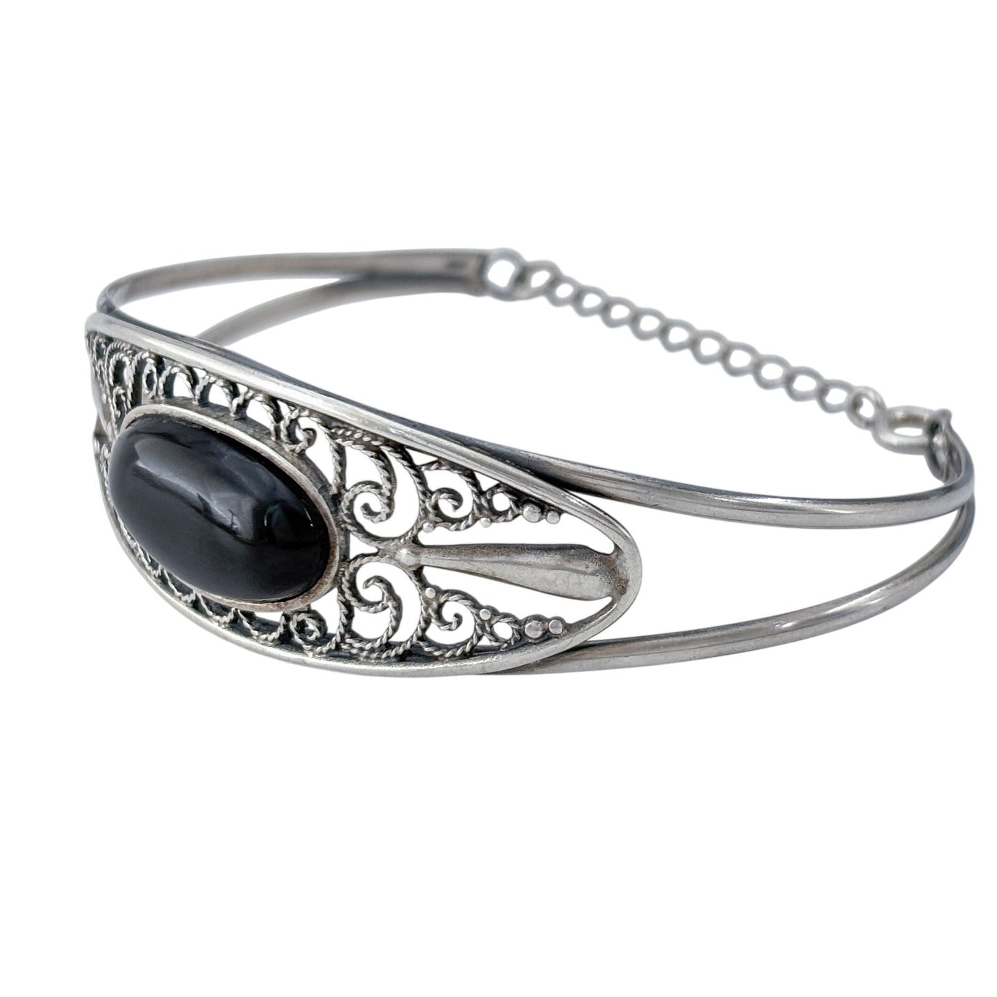 Vintage Sterling Silver 925 Onyx Filigree Cuff Bracelet 7"