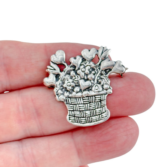 Vintage Sterling Silver 925 Mary Engelbreit Heart Flower Basket Brooch