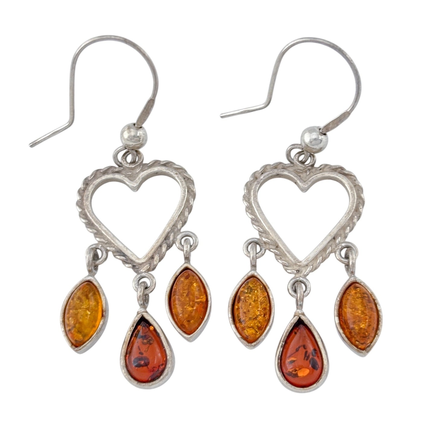 Vintage Sterling Silver 925 Amber Drop Heart Dangle Earrings