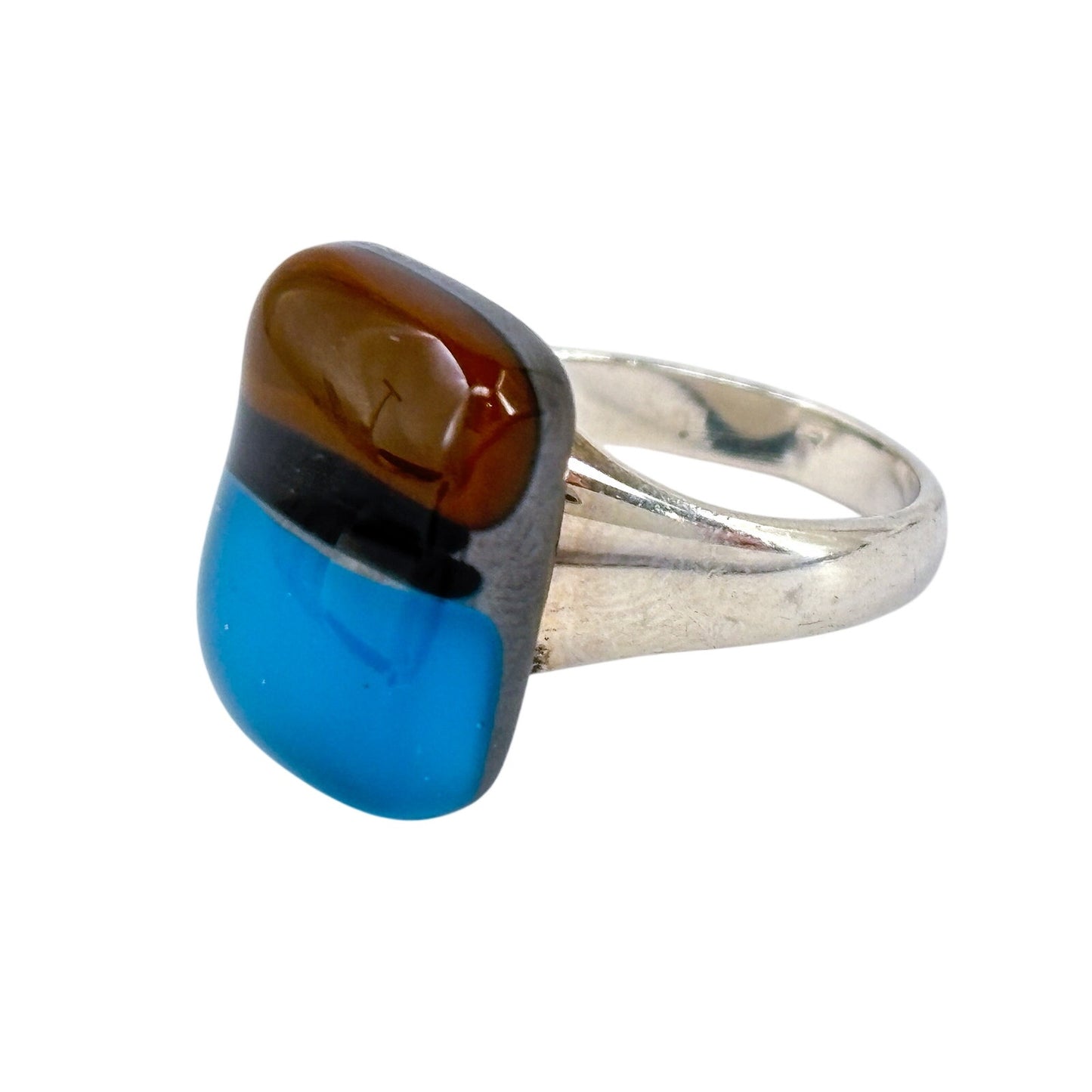 Vintage Sterling Silver 925 Blue Brown Fused Glass Ring Size 7