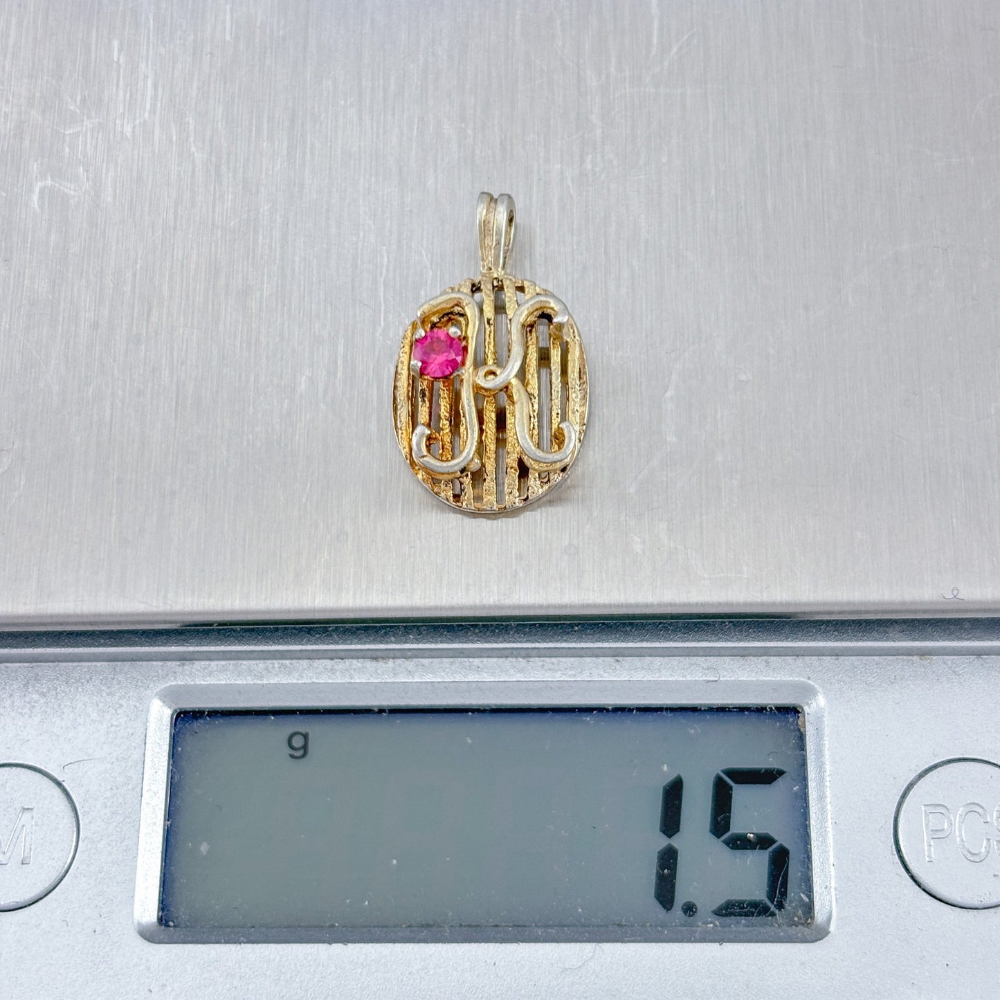 Vintage Sterling Silver 925 Simulated Ruby Monogram Pendant