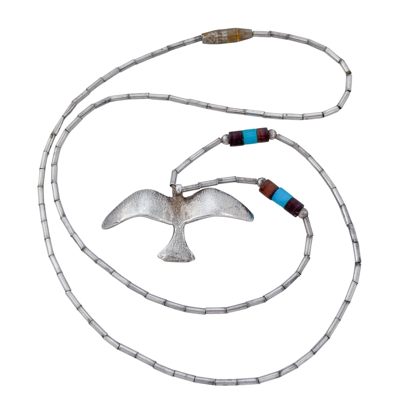 Vintage Sterling Liquid Silver 925 Turquoise Wood Bird Heishi Necklace 16.5"