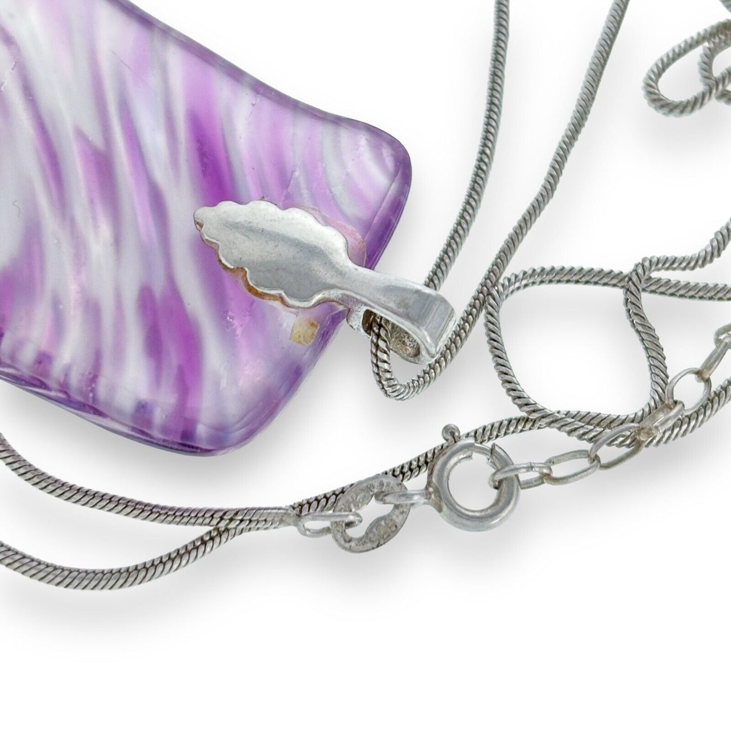 Vintage Sterling Silver 925 Purple White Free Form Glass Pendant