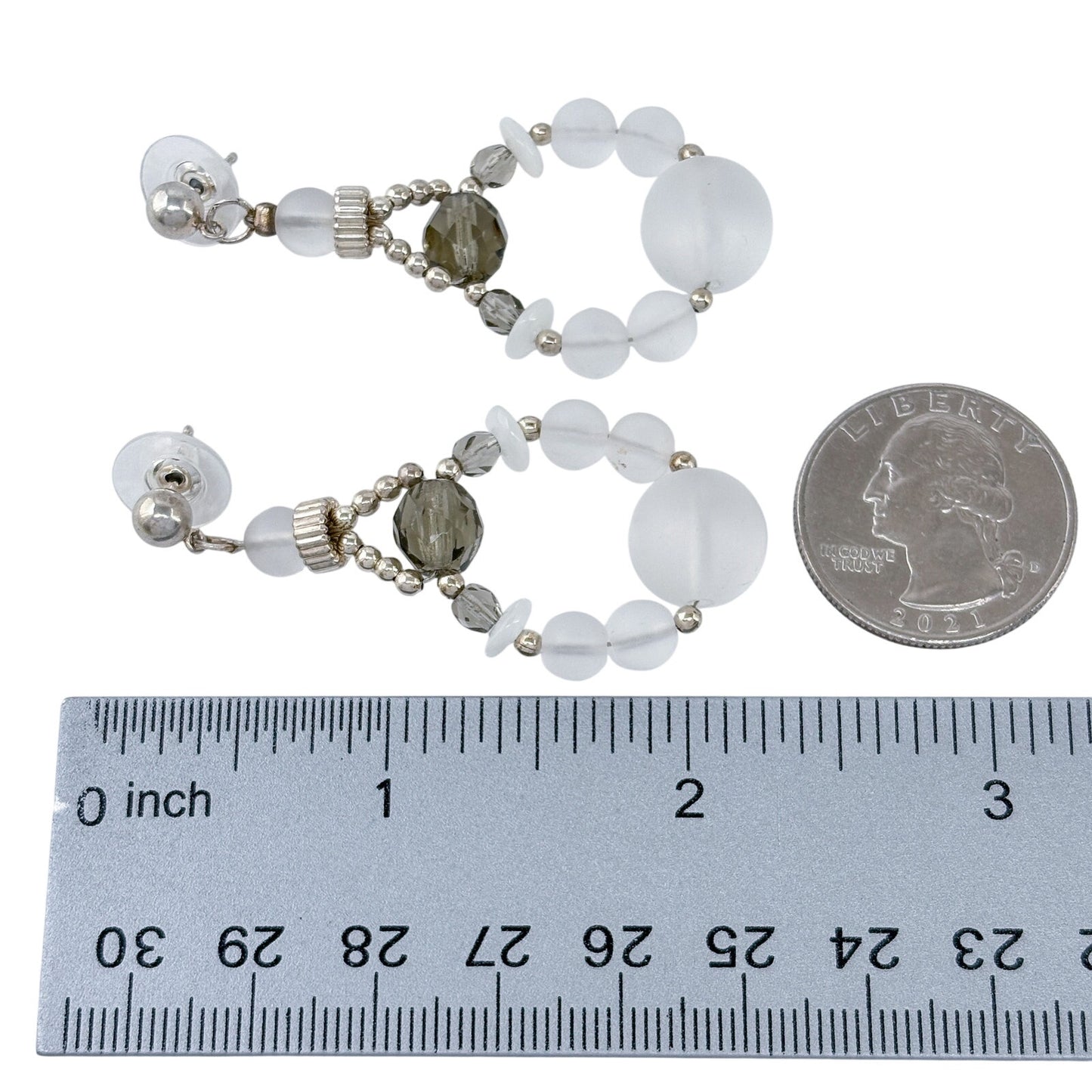 Estate Sterling Silver 925 Gray Crystal Bead Dangle Earrings