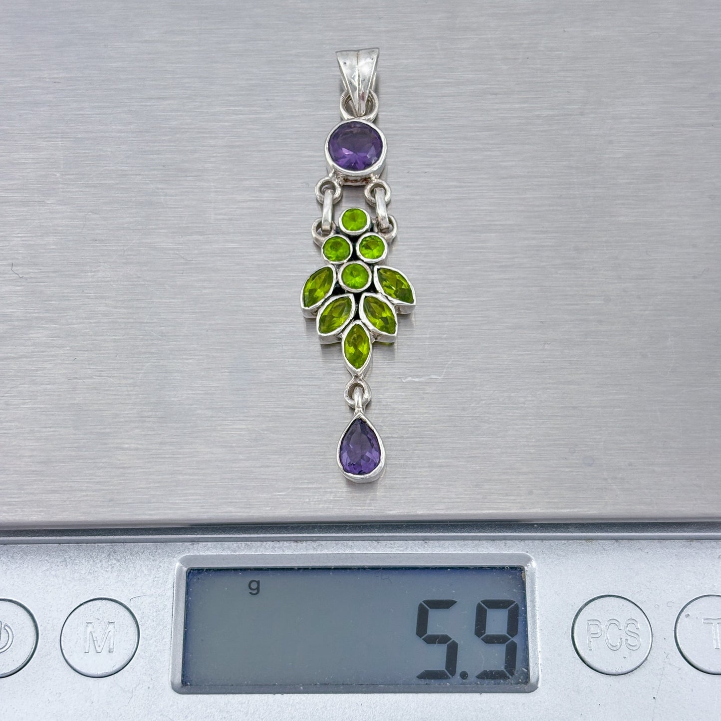 Vintage Sterling Silver 925 Green Purple Crystal Pendant