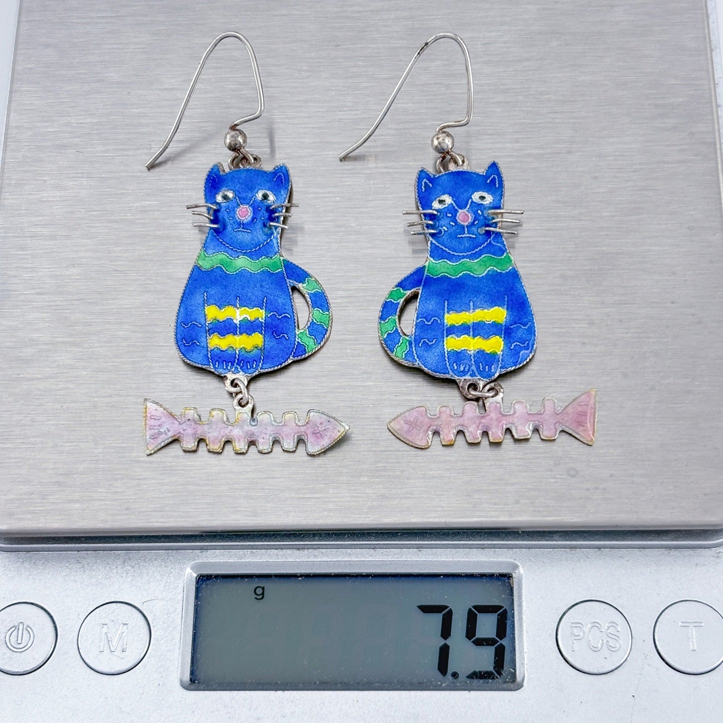 Vintage Sterling Silver 925 Blue Cat Earrings