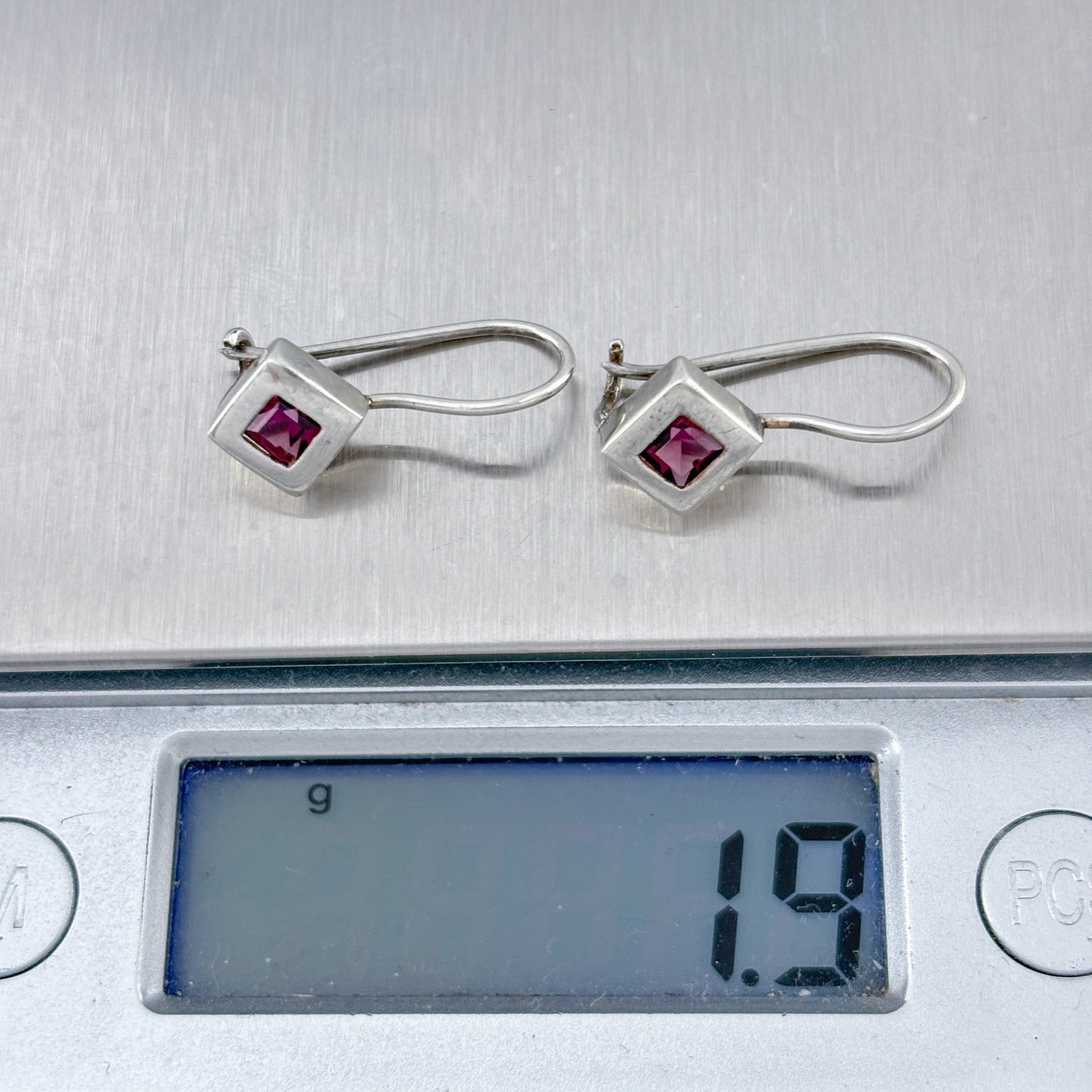 Vintage Sterling Silver 925 Purple Crystal Square Drop Earrings