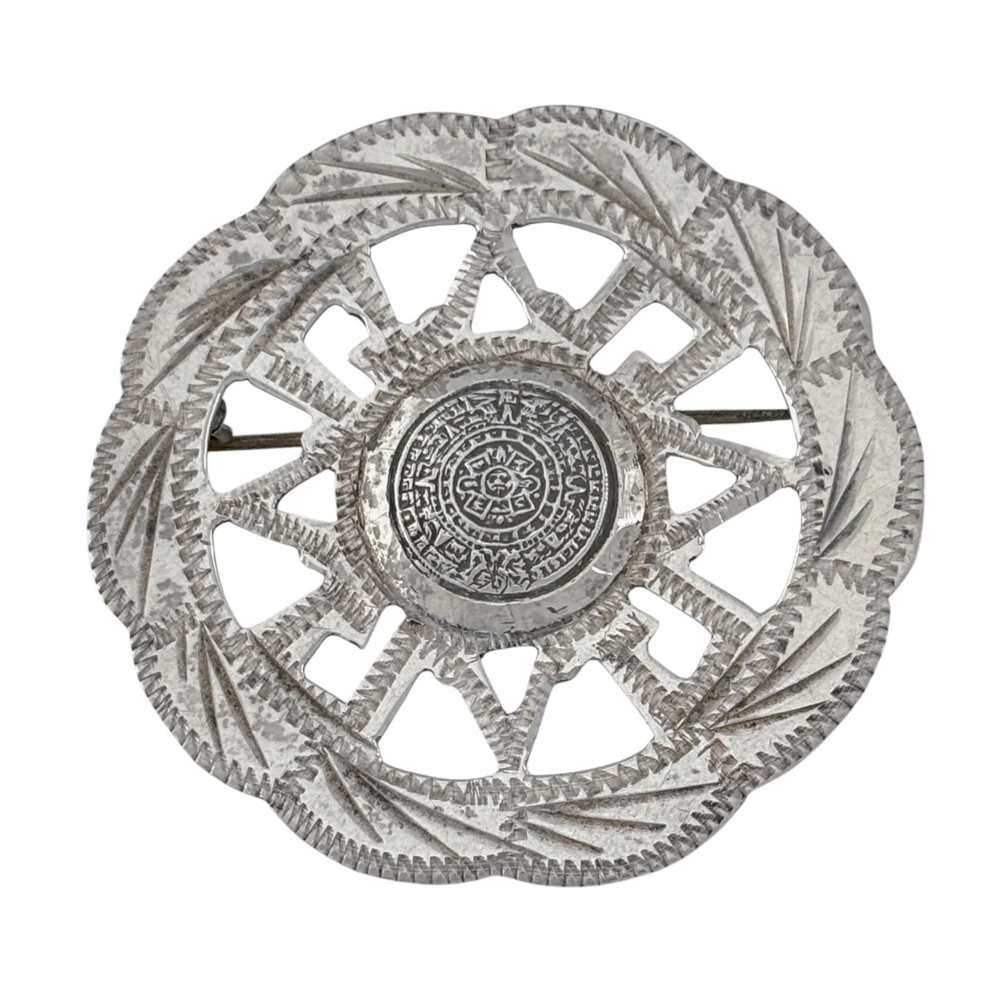 Vintage Mexico Taxco Sterling Silver 925 Aztec Calendar Pendant Brooch