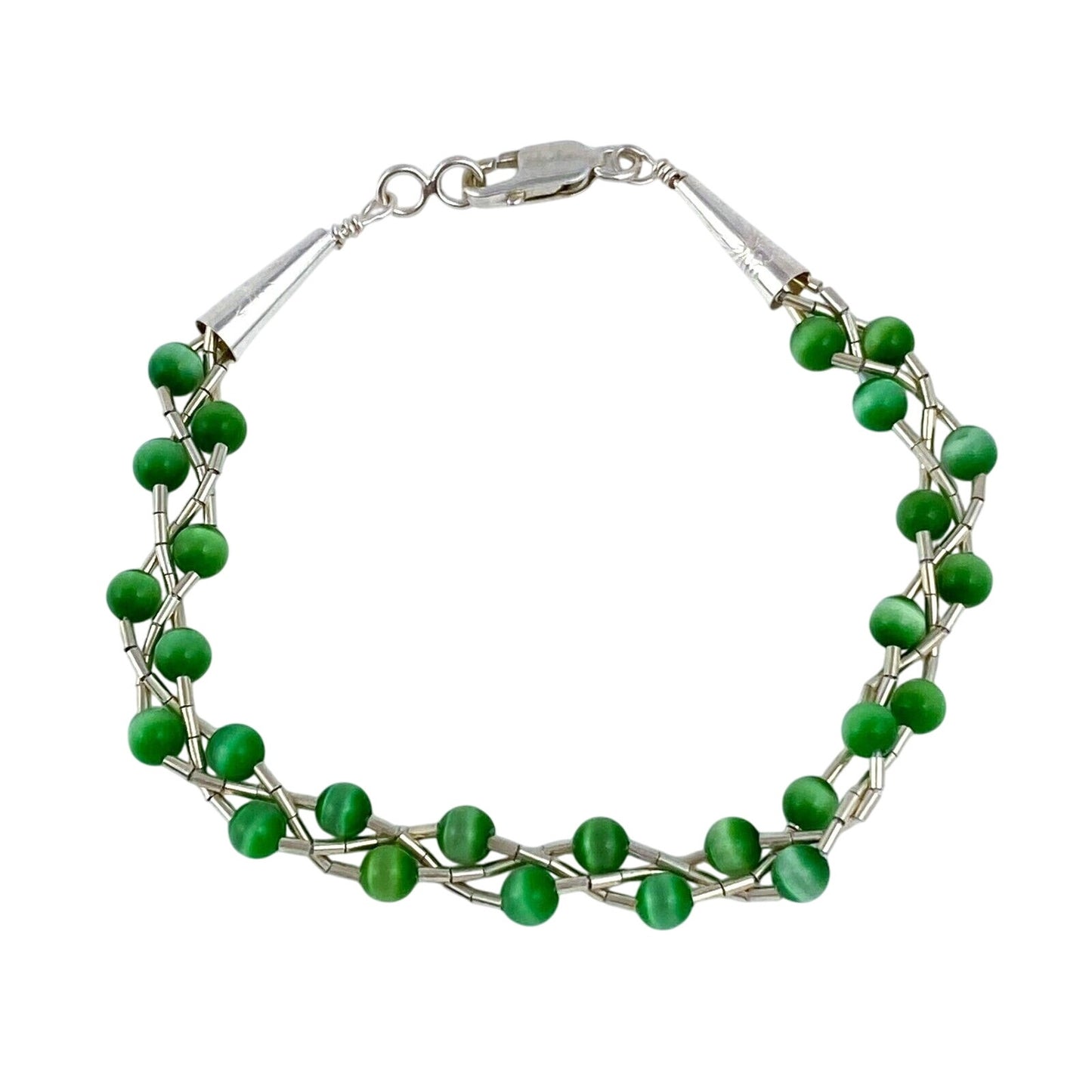 Vintage Sterling Silver 925 Green Cat’s Eye Bracelet 7"